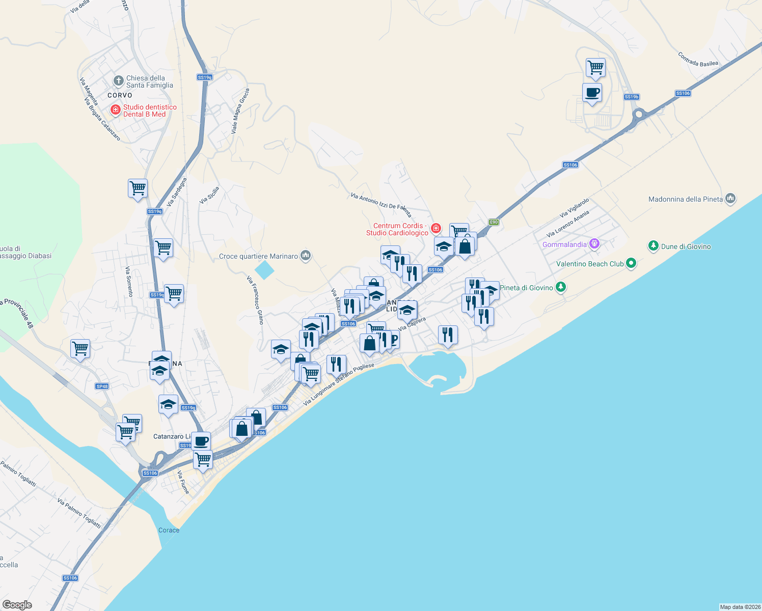 map of restaurants, bars, coffee shops, grocery stores, and more near 44 Traversa IV Viale Crotone in Catanzaro