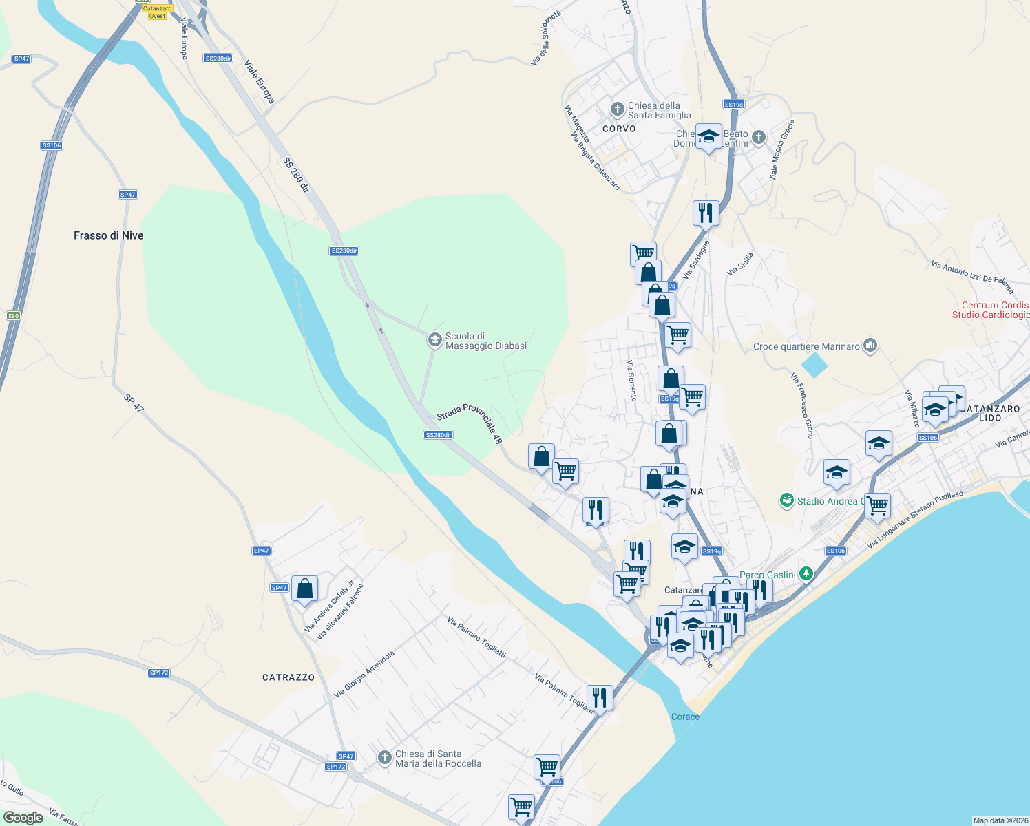 map of restaurants, bars, coffee shops, grocery stores, and more near 17 Via Guido Puccio in Provincia di Catanzaro