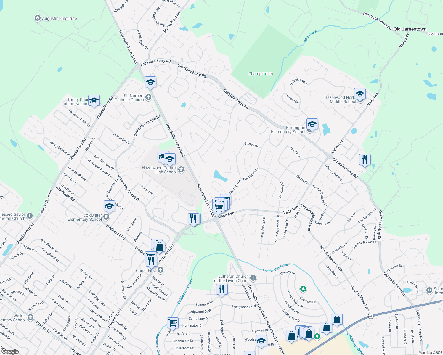 map of restaurants, bars, coffee shops, grocery stores, and more near 750 Watersedge Drive in Florissant