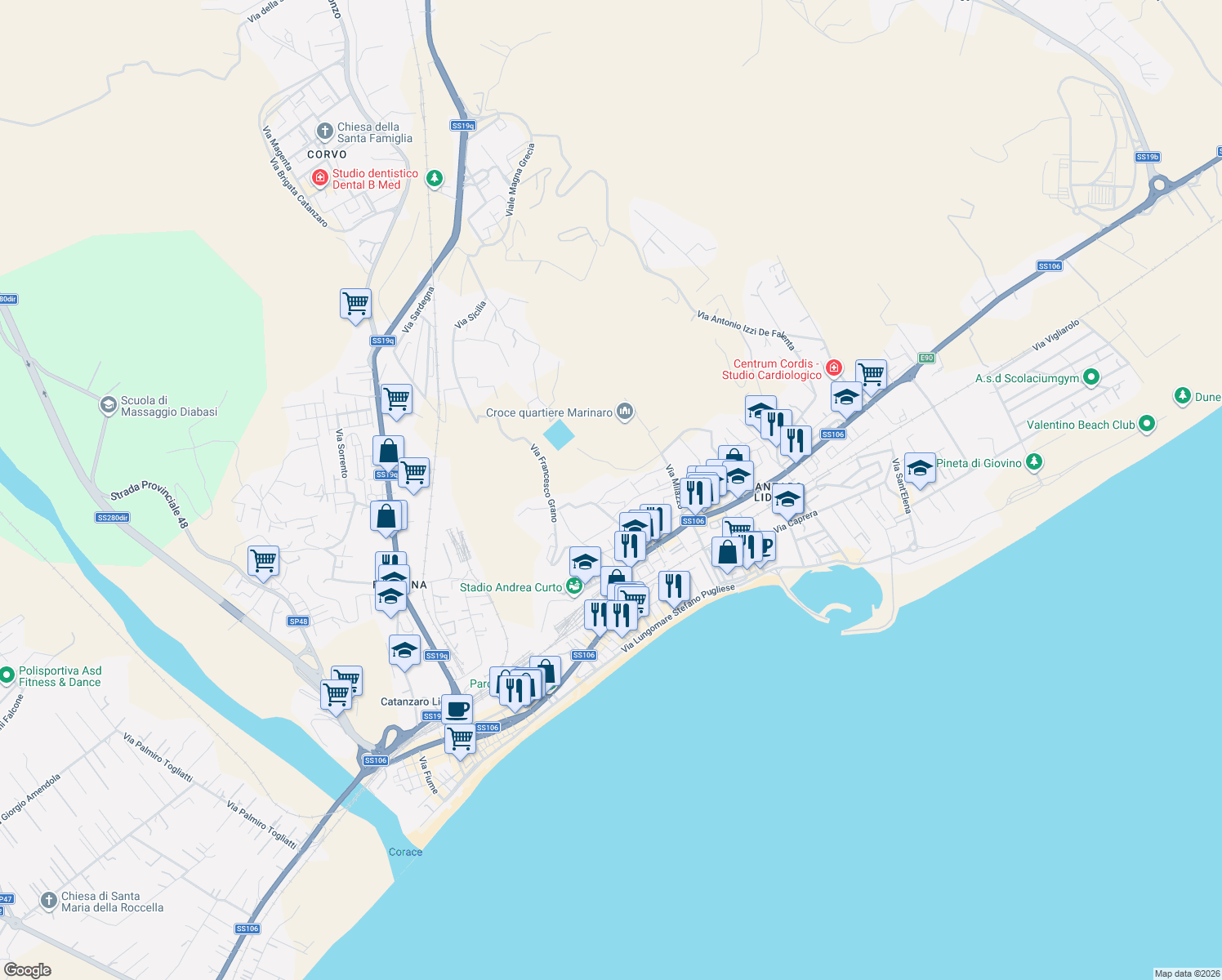 map of restaurants, bars, coffee shops, grocery stores, and more near 38 Via Eraclea in Catanzaro