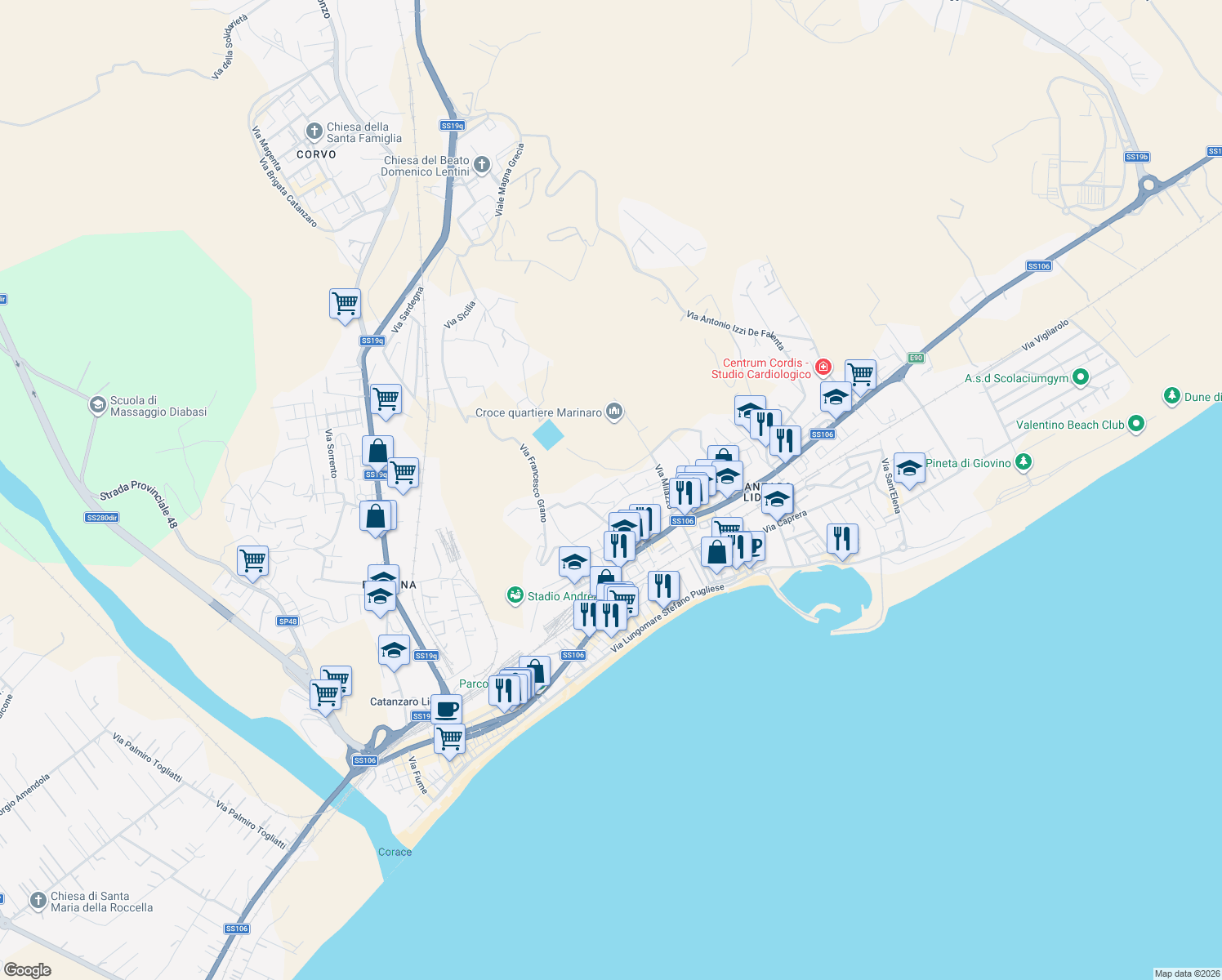 map of restaurants, bars, coffee shops, grocery stores, and more near 11 Via Guglielmo Papaleo in Catanzaro