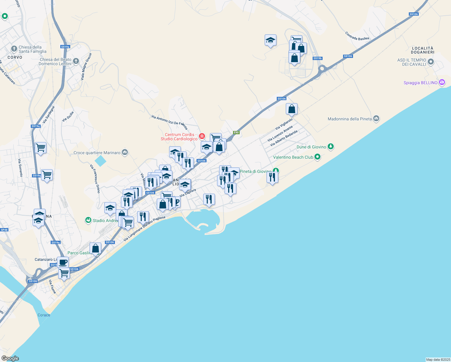 map of restaurants, bars, coffee shops, grocery stores, and more near 37 Via Sant'Elena in Provincia di Catanzaro