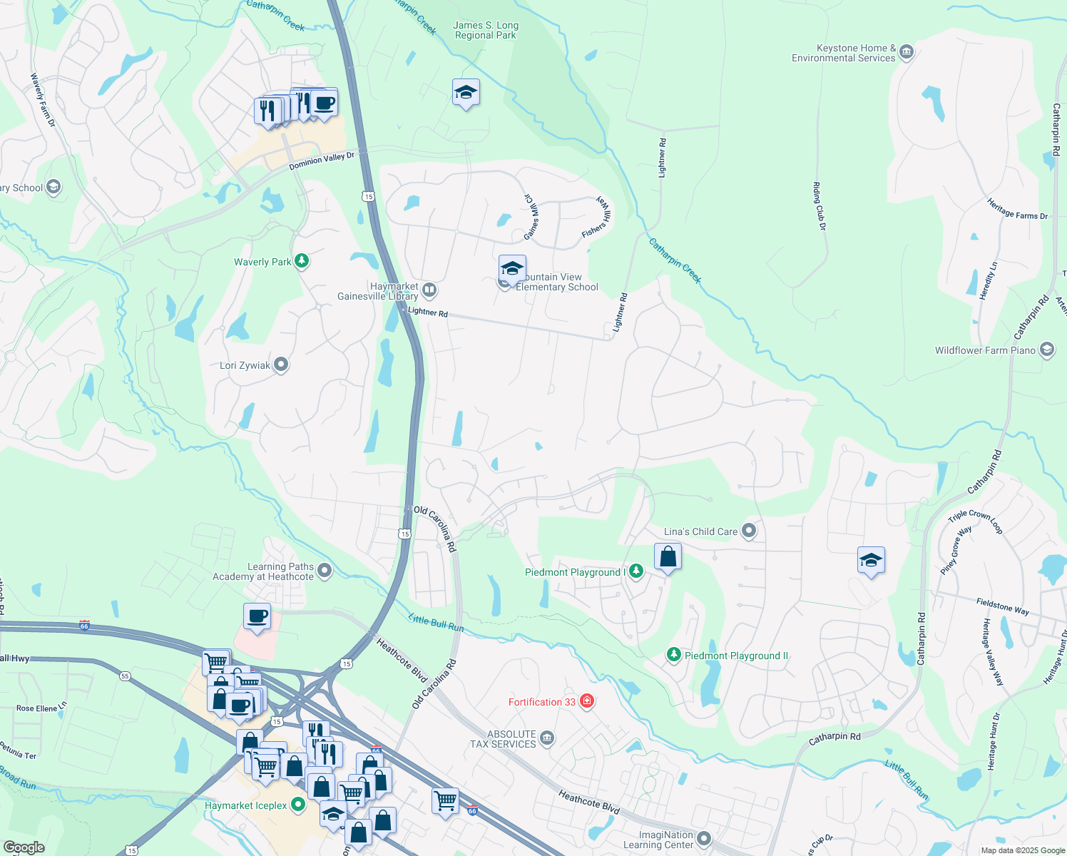 map of restaurants, bars, coffee shops, grocery stores, and more near 14700 Utterback Lane in Haymarket