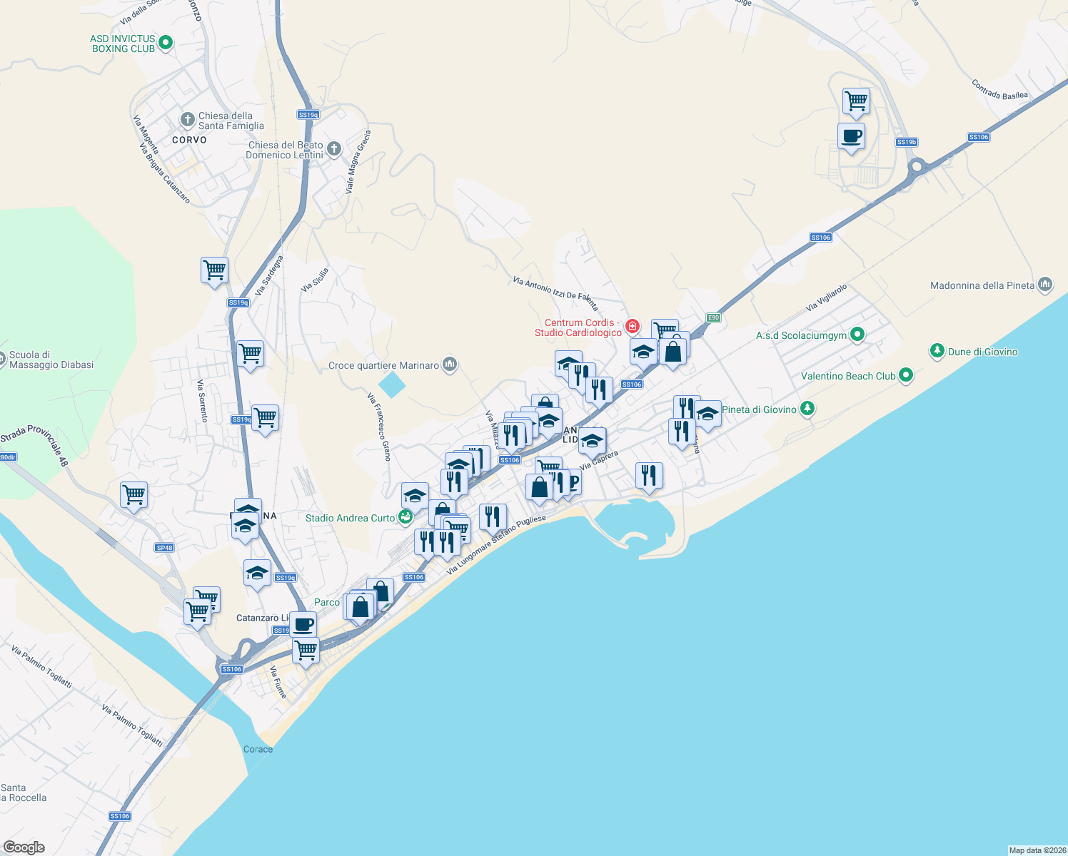 map of restaurants, bars, coffee shops, grocery stores, and more near 154 Viale Crotone in Catanzaro