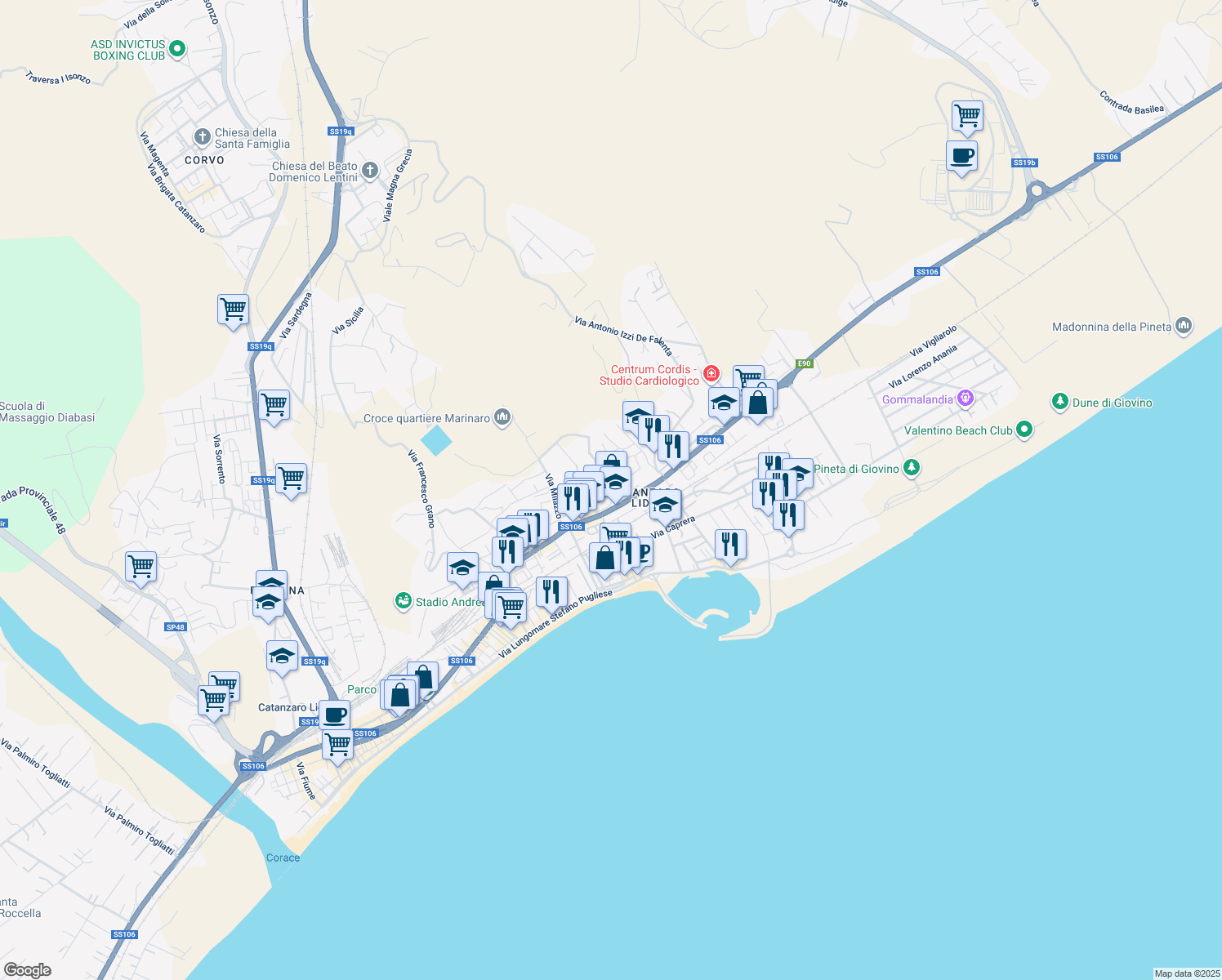 map of restaurants, bars, coffee shops, grocery stores, and more near 44 Traversa IV Viale Crotone in Catanzaro