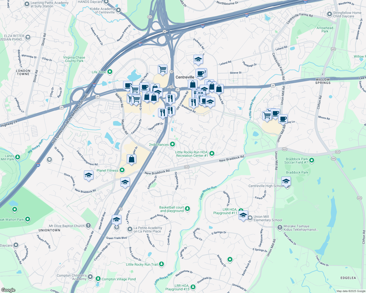 map of restaurants, bars, coffee shops, grocery stores, and more near 6054 Deer Hill Court in Centreville