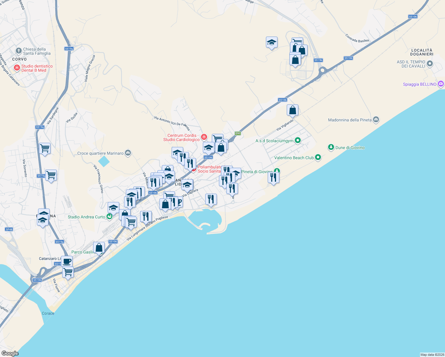 map of restaurants, bars, coffee shops, grocery stores, and more near 37 Via San Elena in Catanzaro