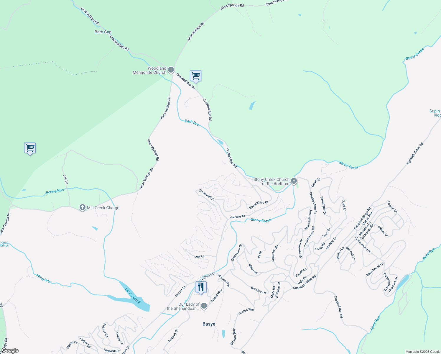 map of restaurants, bars, coffee shops, grocery stores, and more near 312 Breckenridge Road in Basye