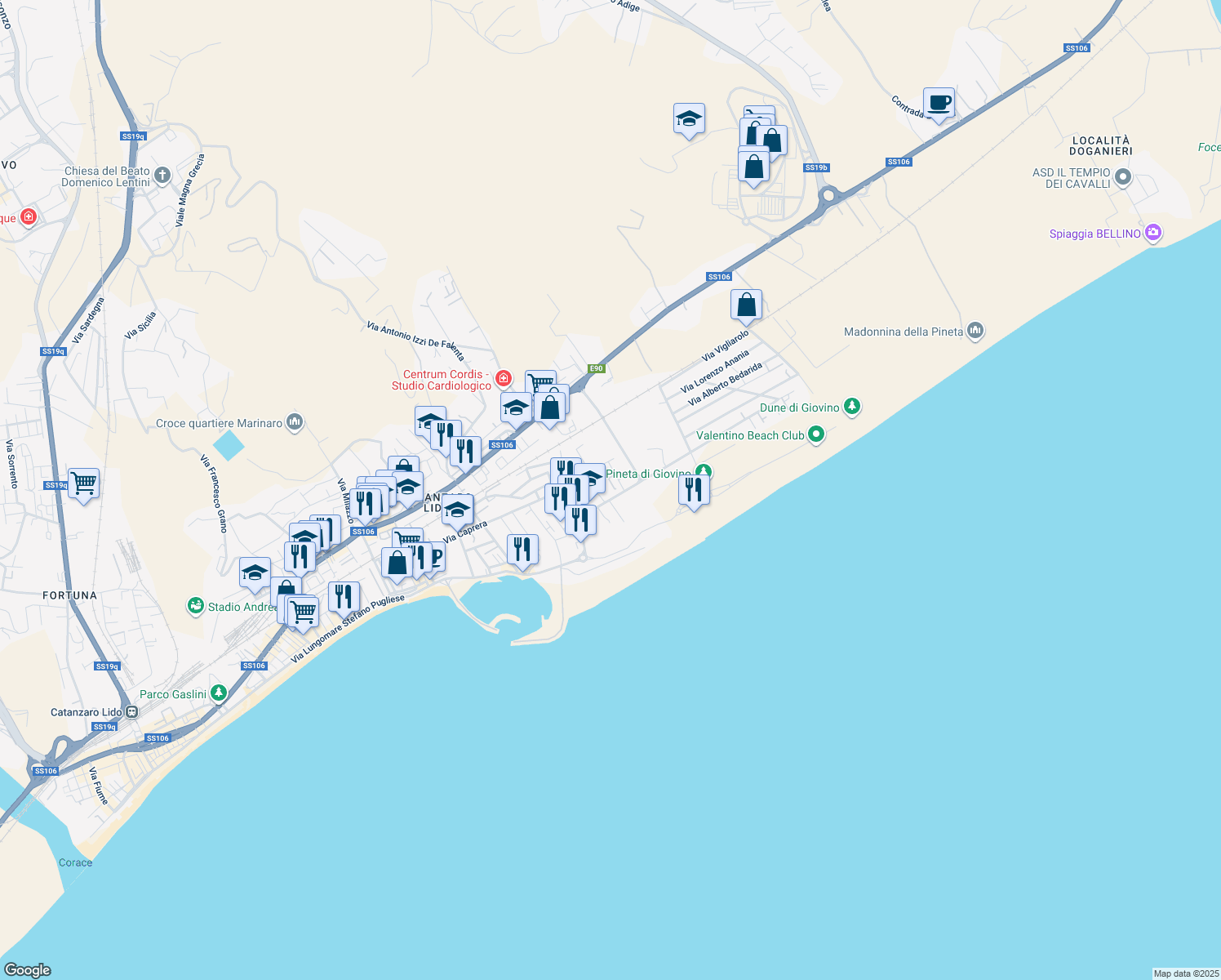 map of restaurants, bars, coffee shops, grocery stores, and more near 6 Via Carlo Pisacane in Provincia di Catanzaro