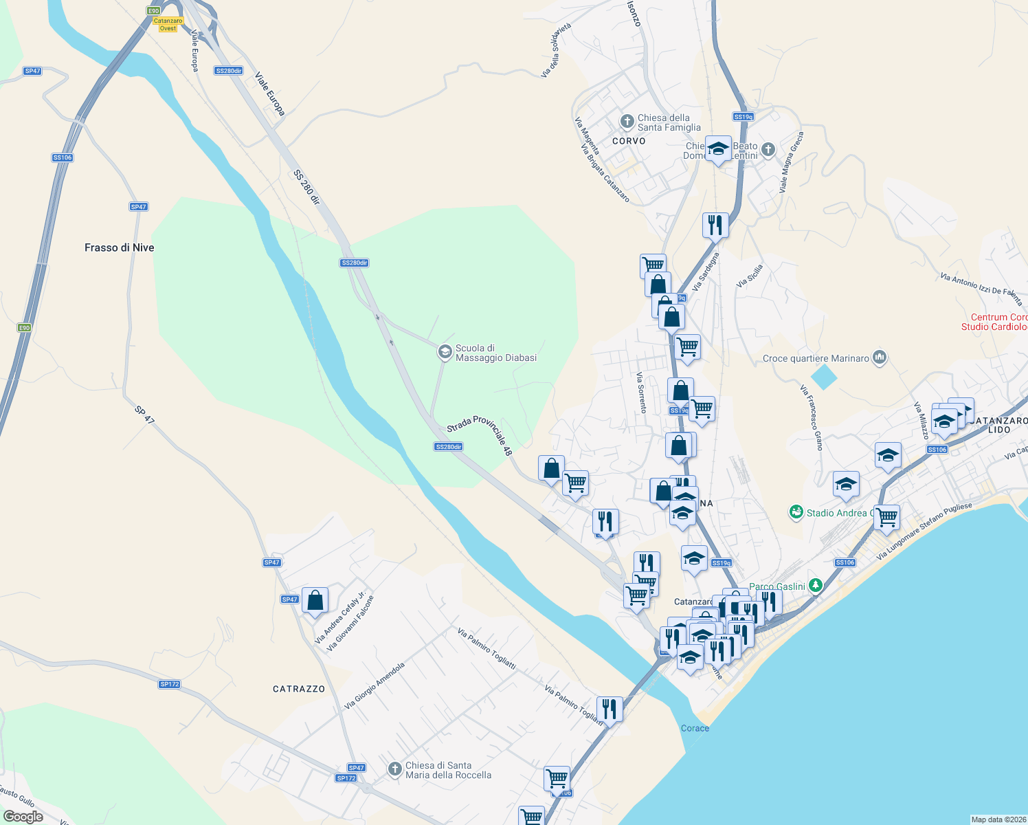 map of restaurants, bars, coffee shops, grocery stores, and more near 17 Via Guido Puccio in Provincia di Catanzaro