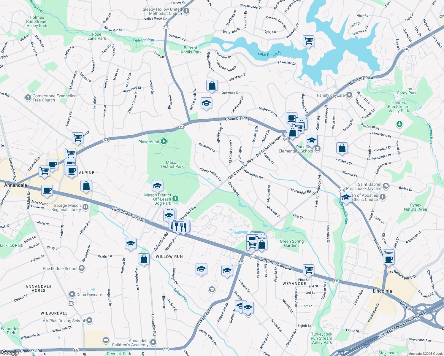 map of restaurants, bars, coffee shops, grocery stores, and more near 4229 Sleepy Hollow Rd in Annandale