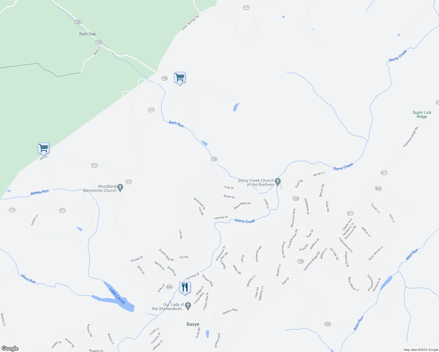 map of restaurants, bars, coffee shops, grocery stores, and more near 312 Breckenridge Road in Basye