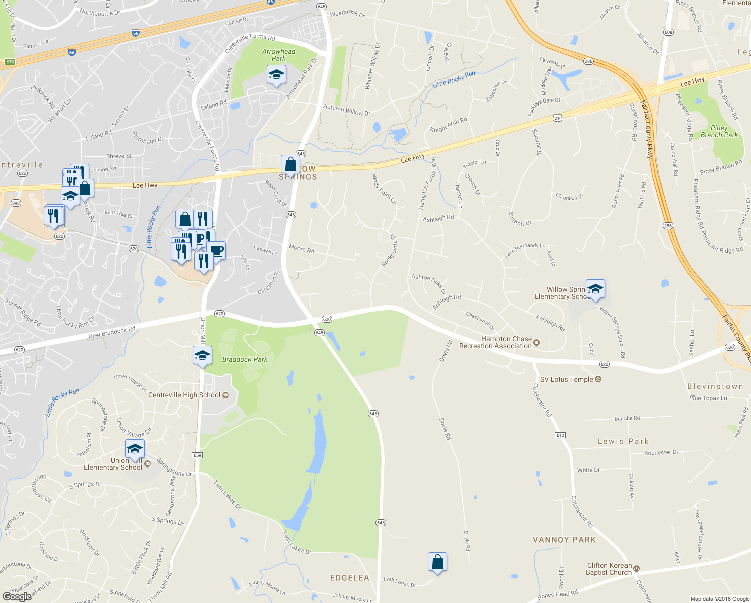 map of restaurants, bars, coffee shops, grocery stores, and more near 5597 Rockpointe Drive in Clifton