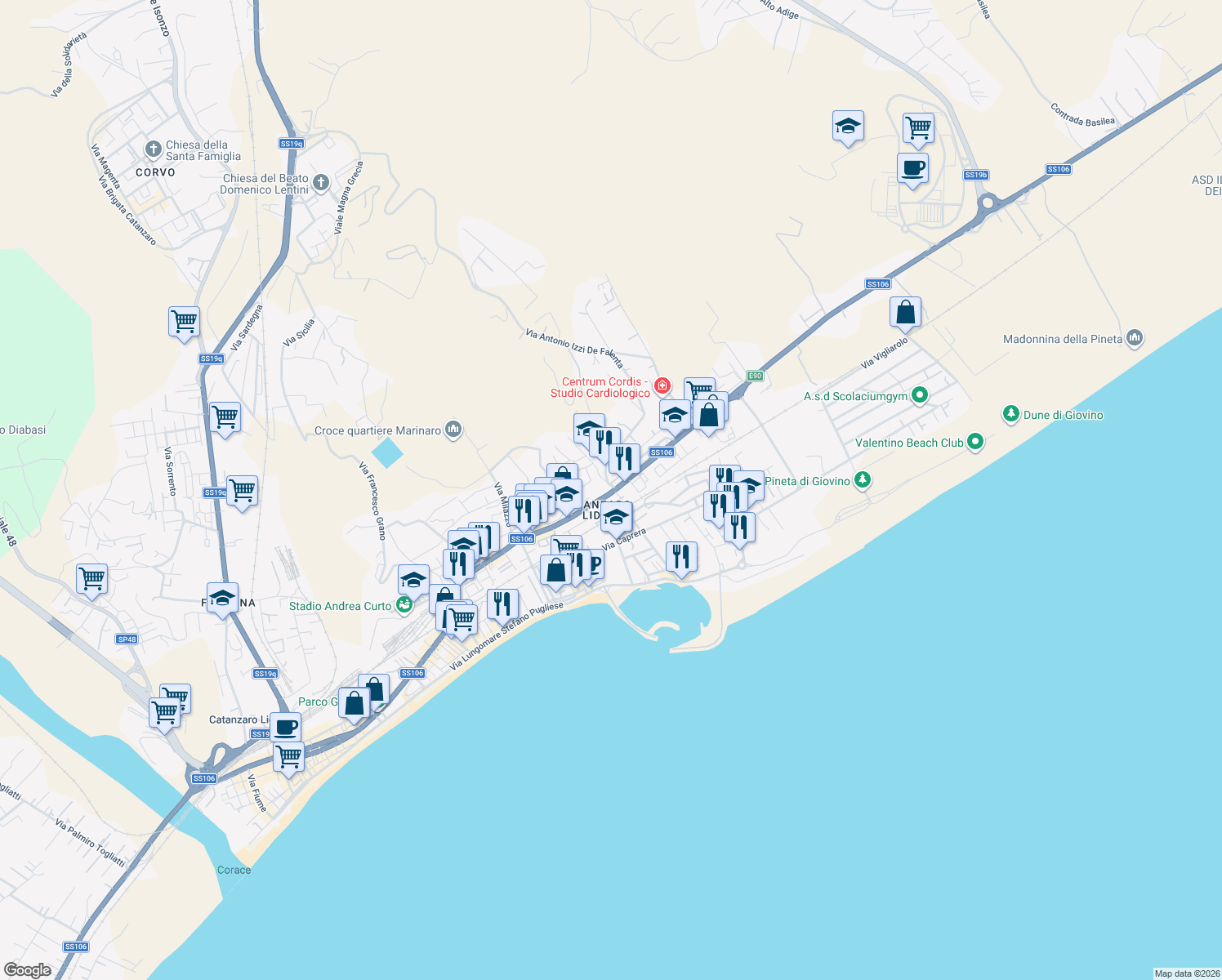 map of restaurants, bars, coffee shops, grocery stores, and more near 145 Viale Crotone in Catanzaro