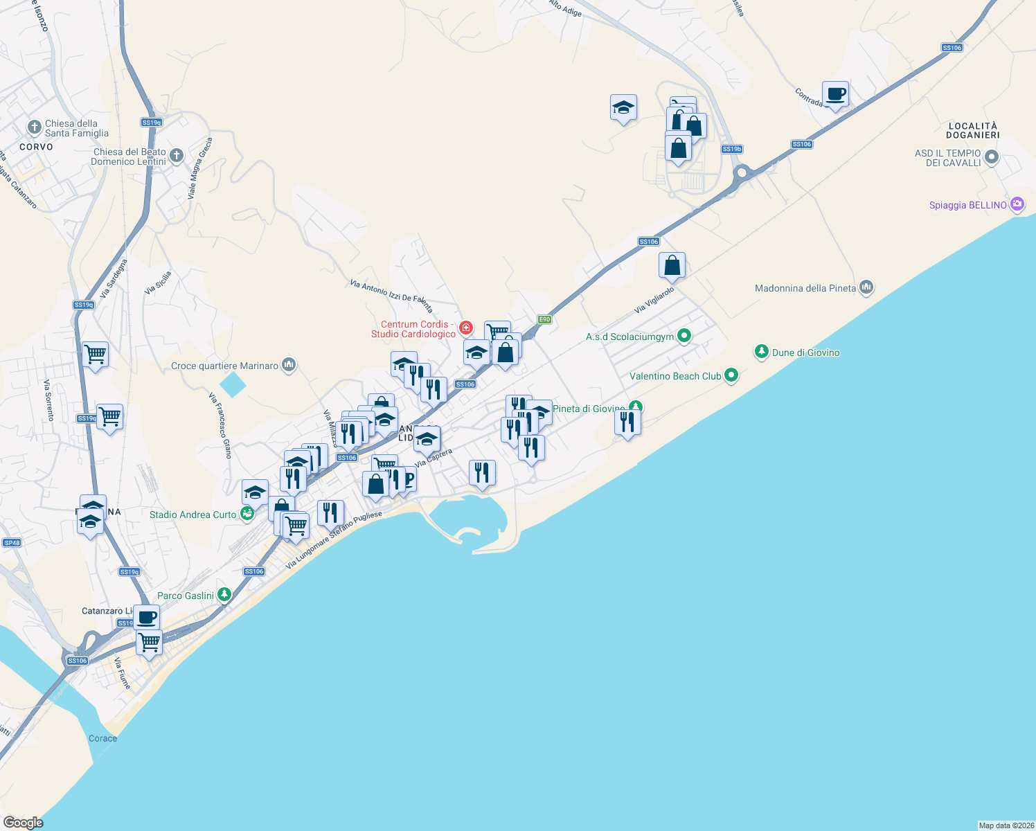 map of restaurants, bars, coffee shops, grocery stores, and more near 5 Via Sant'Elena in Catanzaro