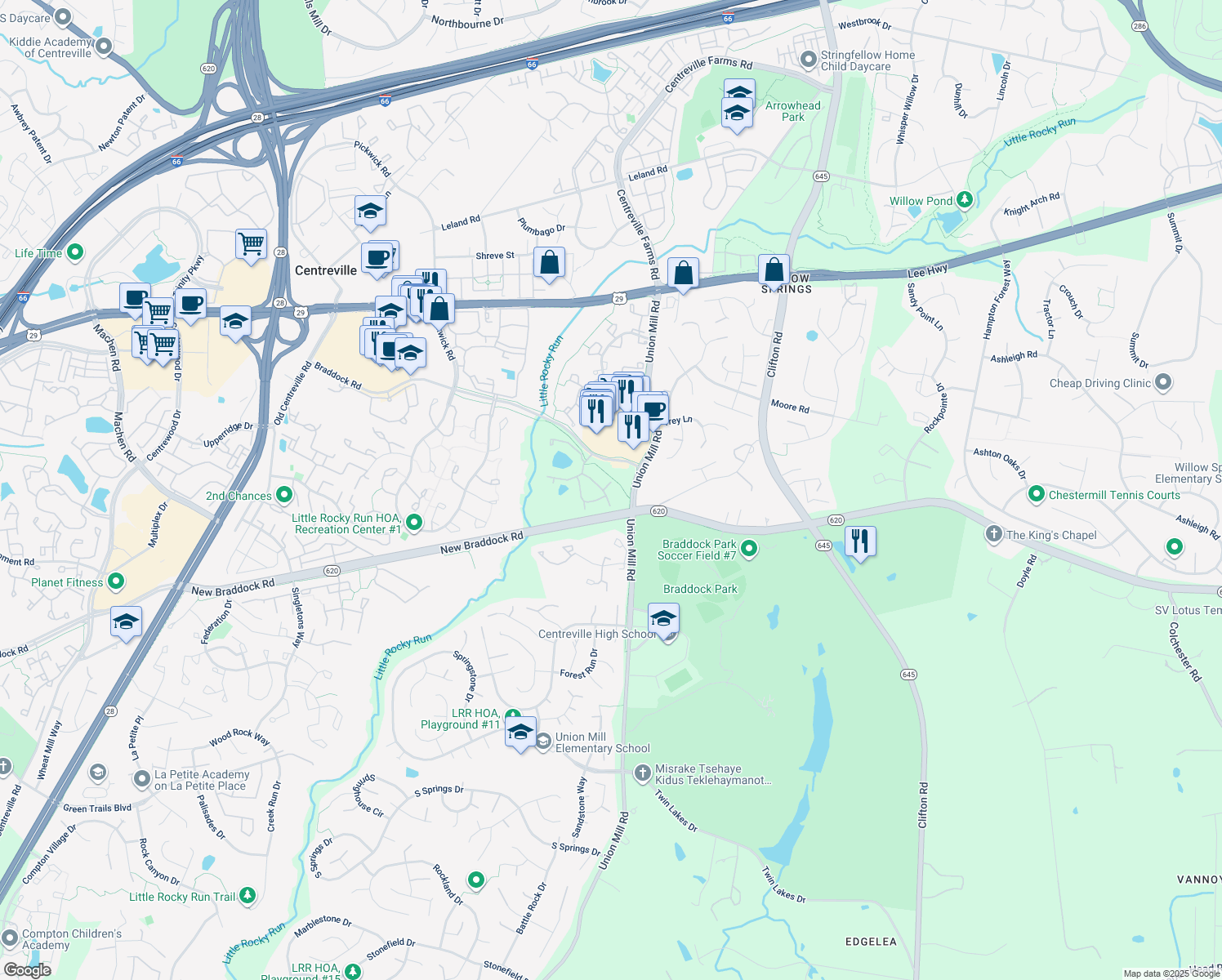 map of restaurants, bars, coffee shops, grocery stores, and more near Braddock Road in Clifton