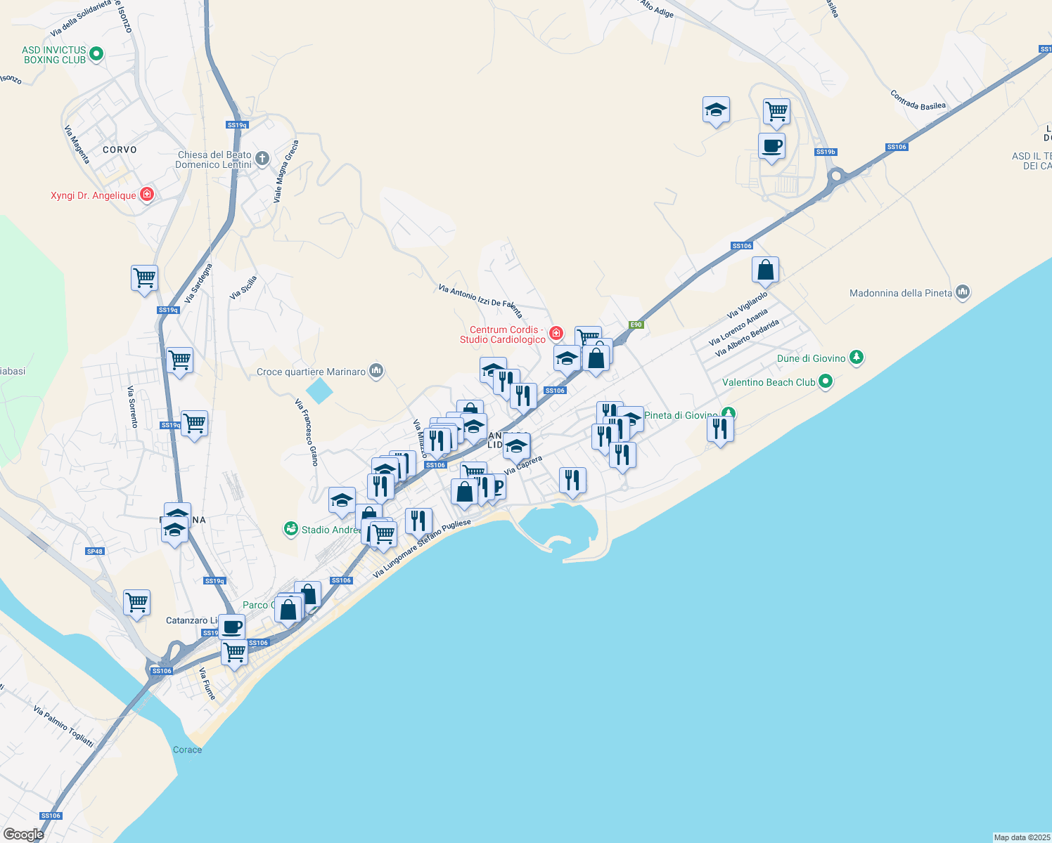 map of restaurants, bars, coffee shops, grocery stores, and more near 155 Viale Crotone in Catanzaro
