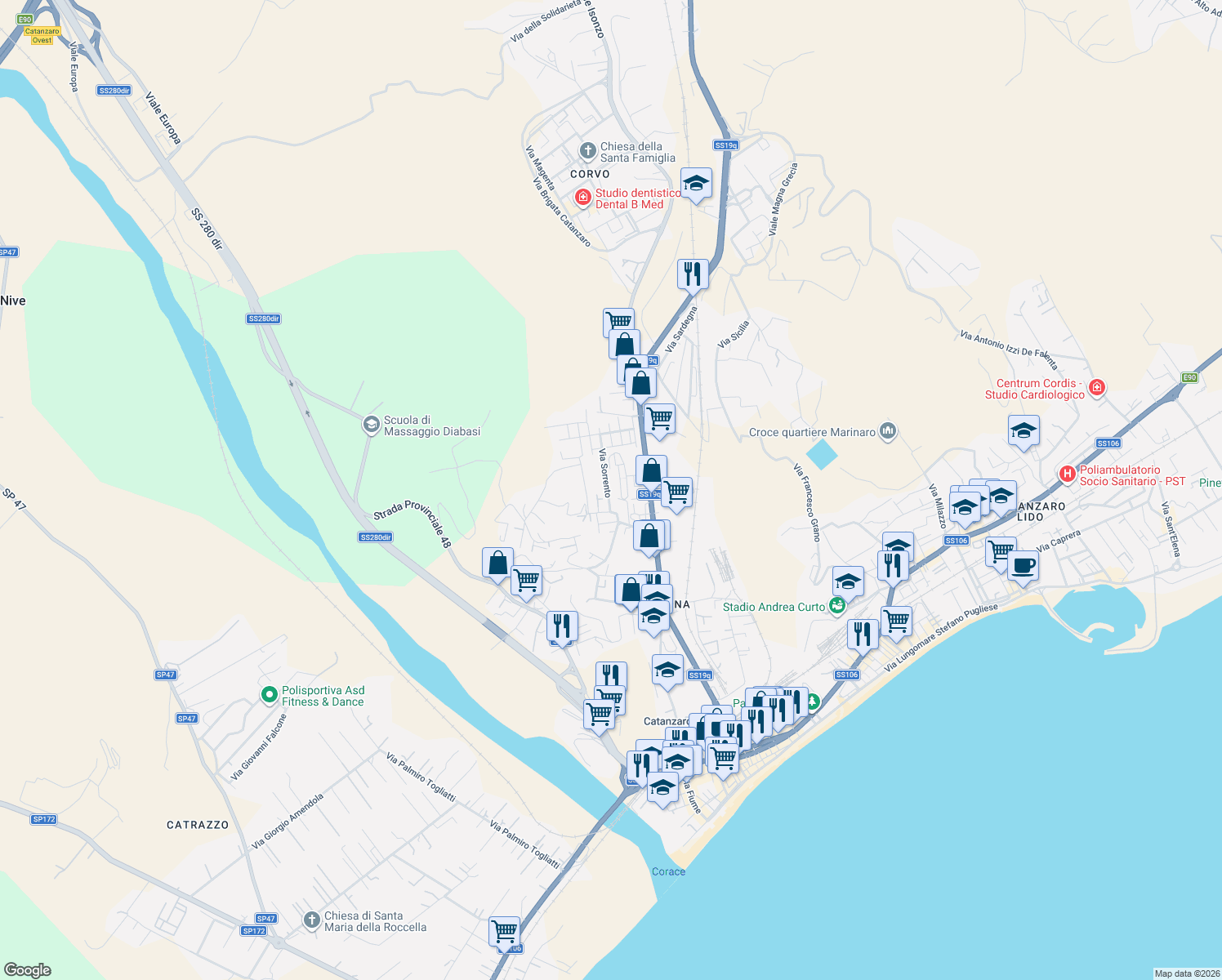 map of restaurants, bars, coffee shops, grocery stores, and more near 18 Via Sorrento in Catanzaro