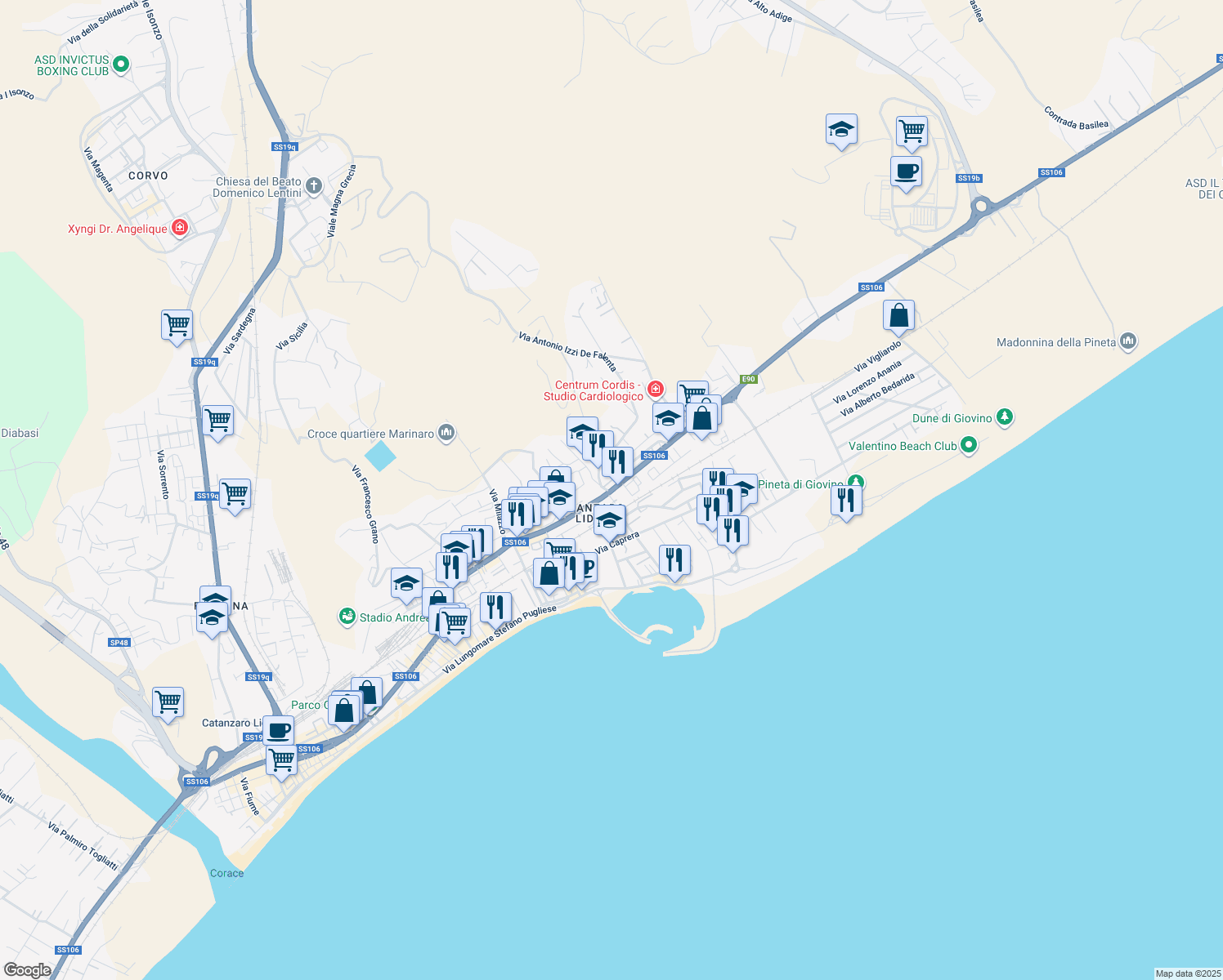 map of restaurants, bars, coffee shops, grocery stores, and more near 155 Viale Crotone in Catanzaro