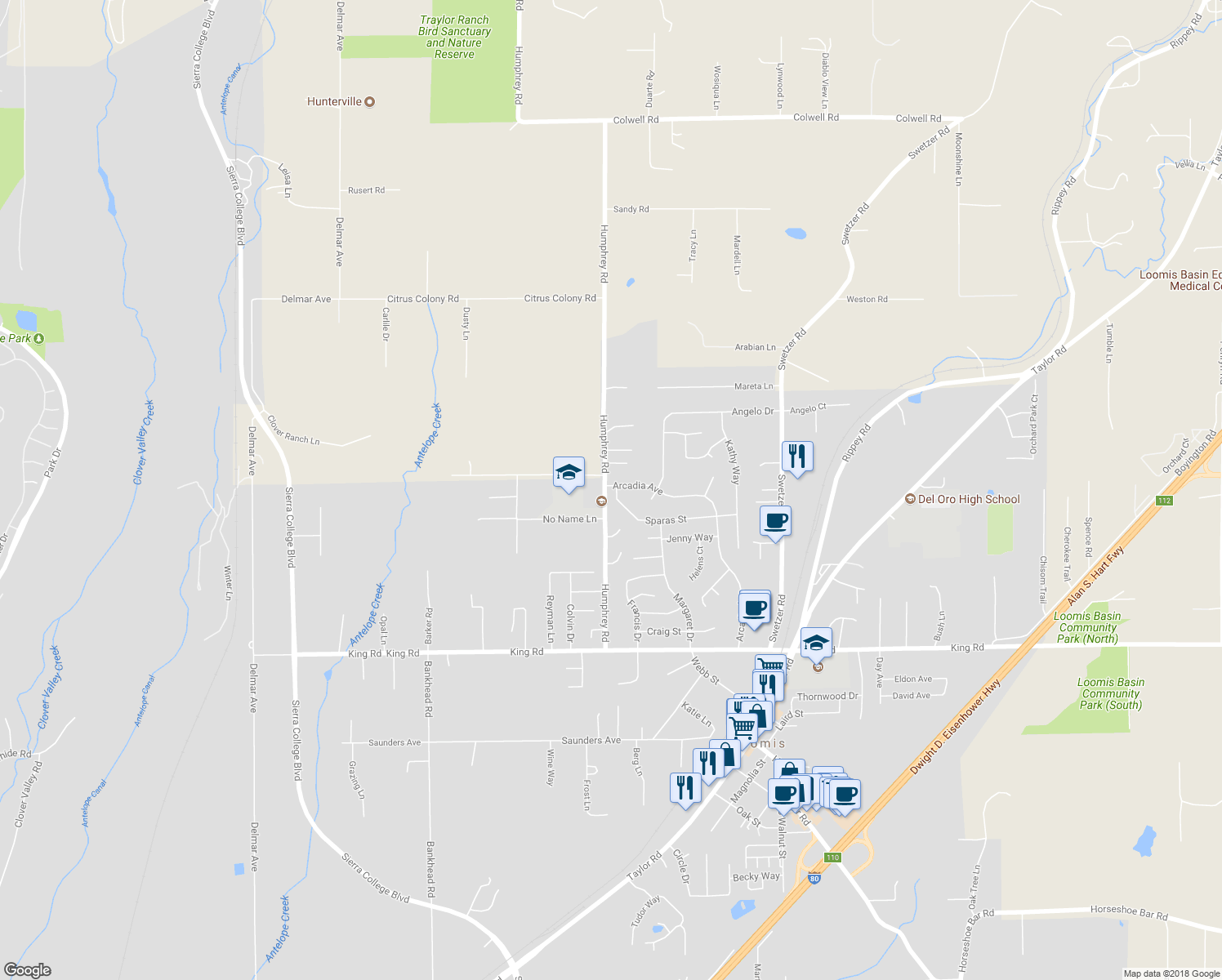 map of restaurants, bars, coffee shops, grocery stores, and more near 5502 Sparas Street in Loomis