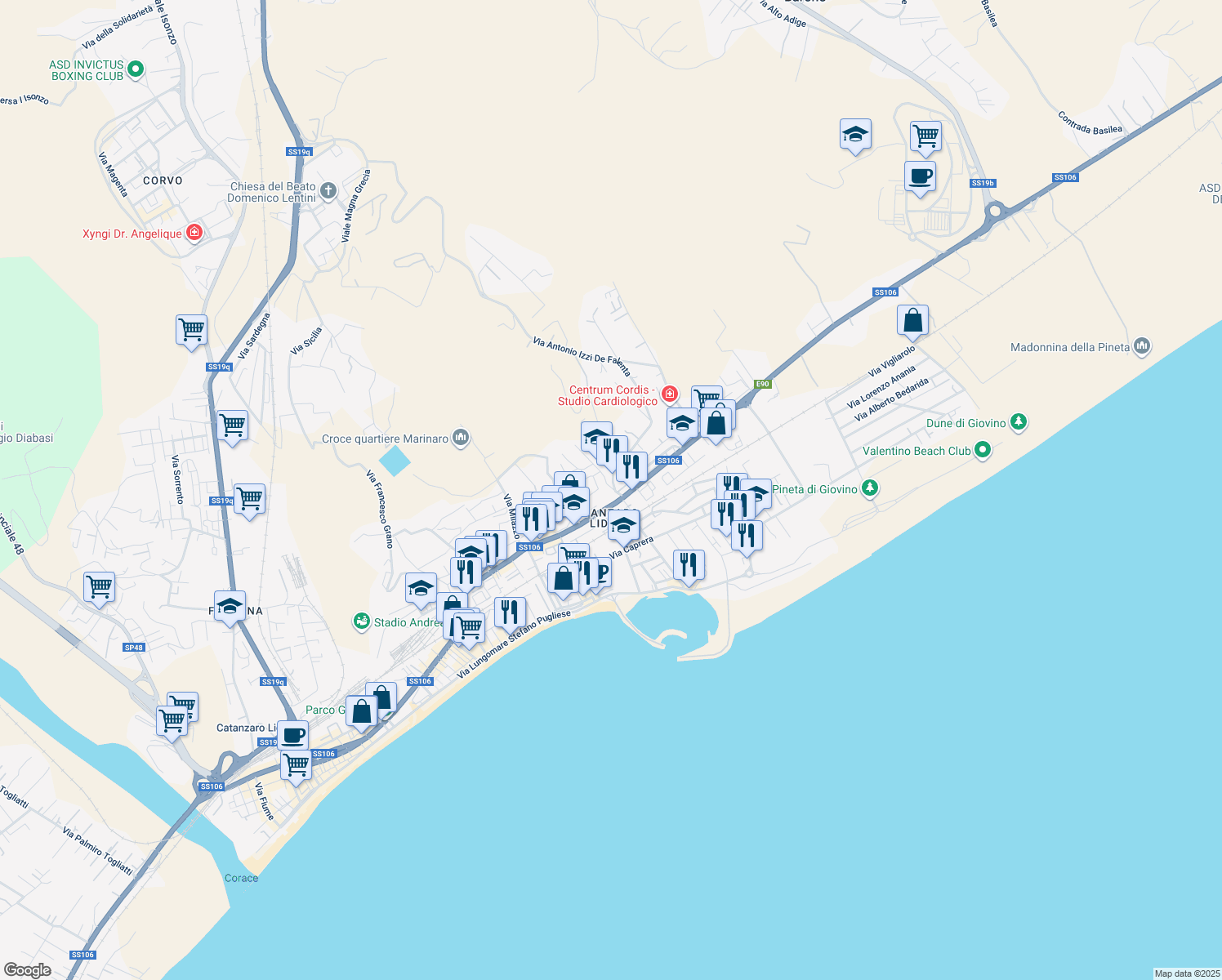map of restaurants, bars, coffee shops, grocery stores, and more near 145 Viale Crotone in Catanzaro