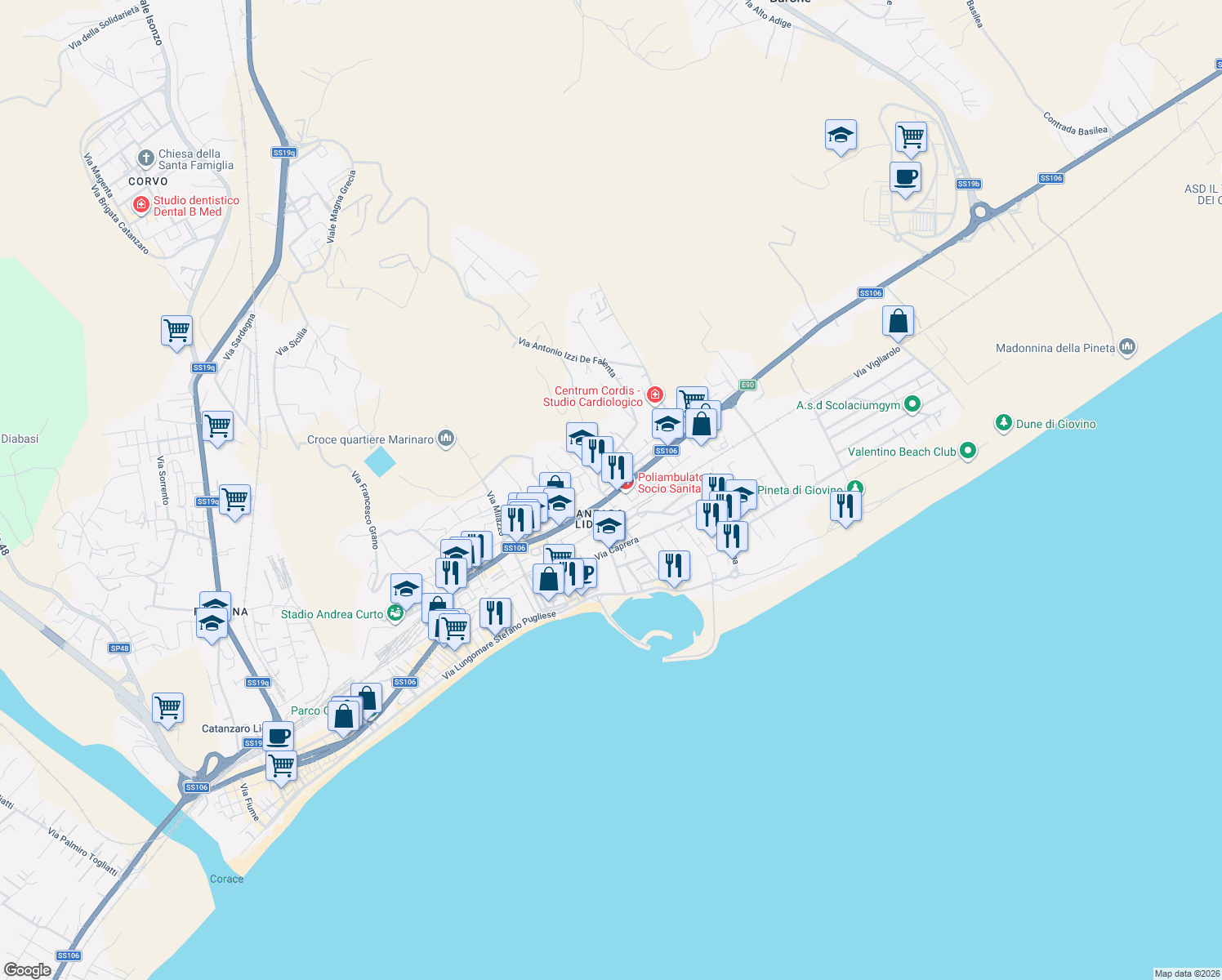 map of restaurants, bars, coffee shops, grocery stores, and more near 155 Viale Crotone in Catanzaro
