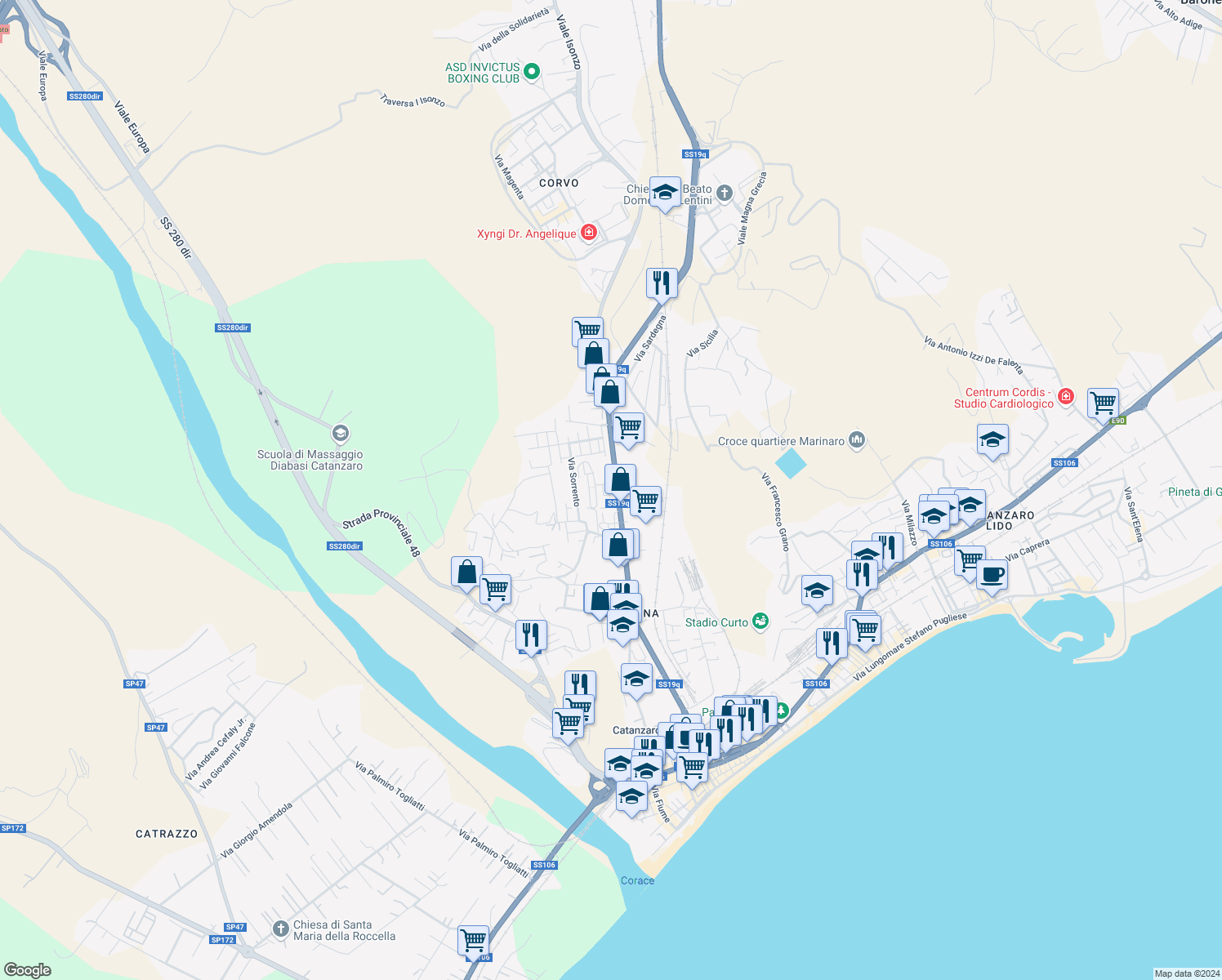 map of restaurants, bars, coffee shops, grocery stores, and more near 175 Viale Magna Grecia in Catanzaro