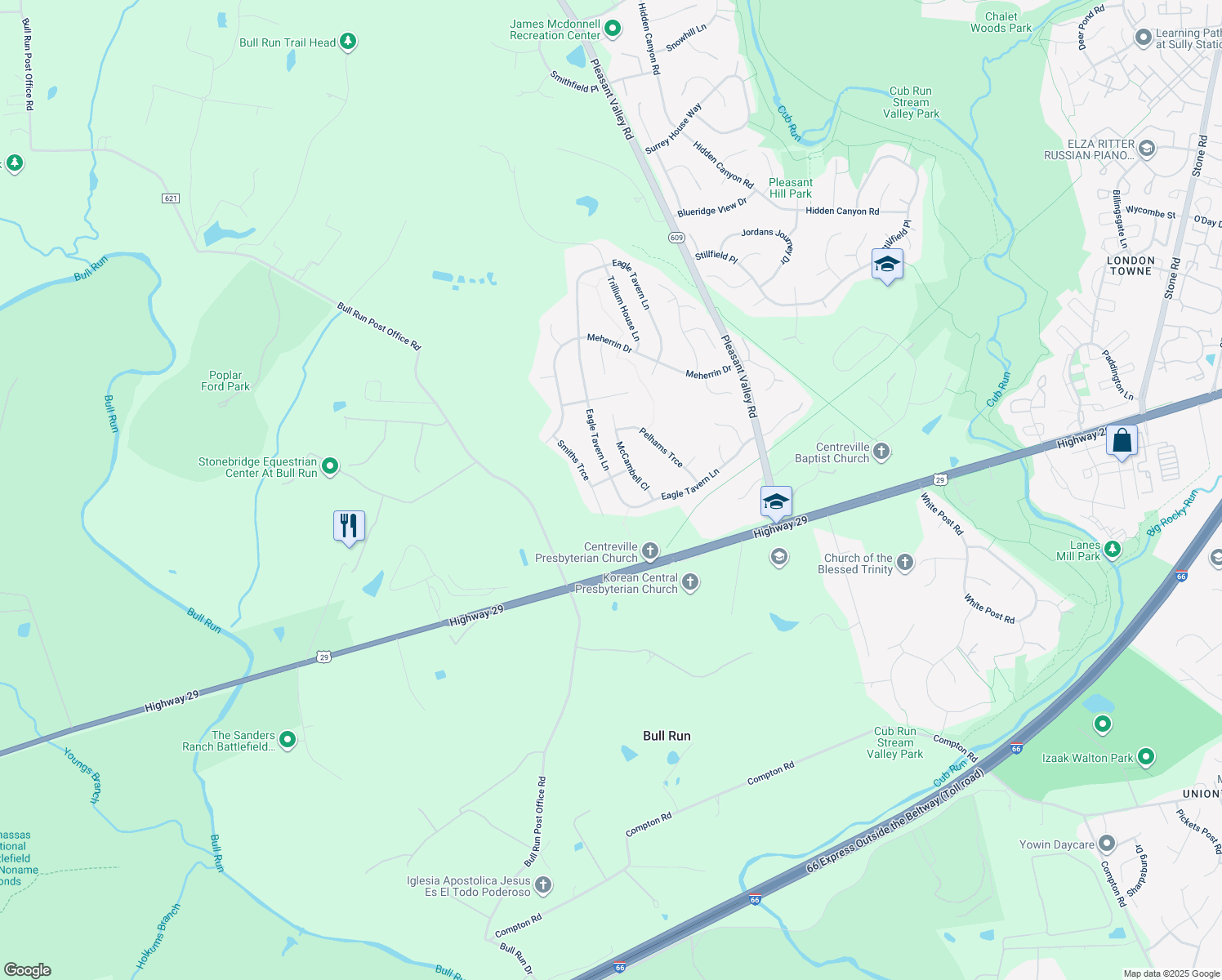 map of restaurants, bars, coffee shops, grocery stores, and more near 15439 Eagle Tavern Lane in Centreville