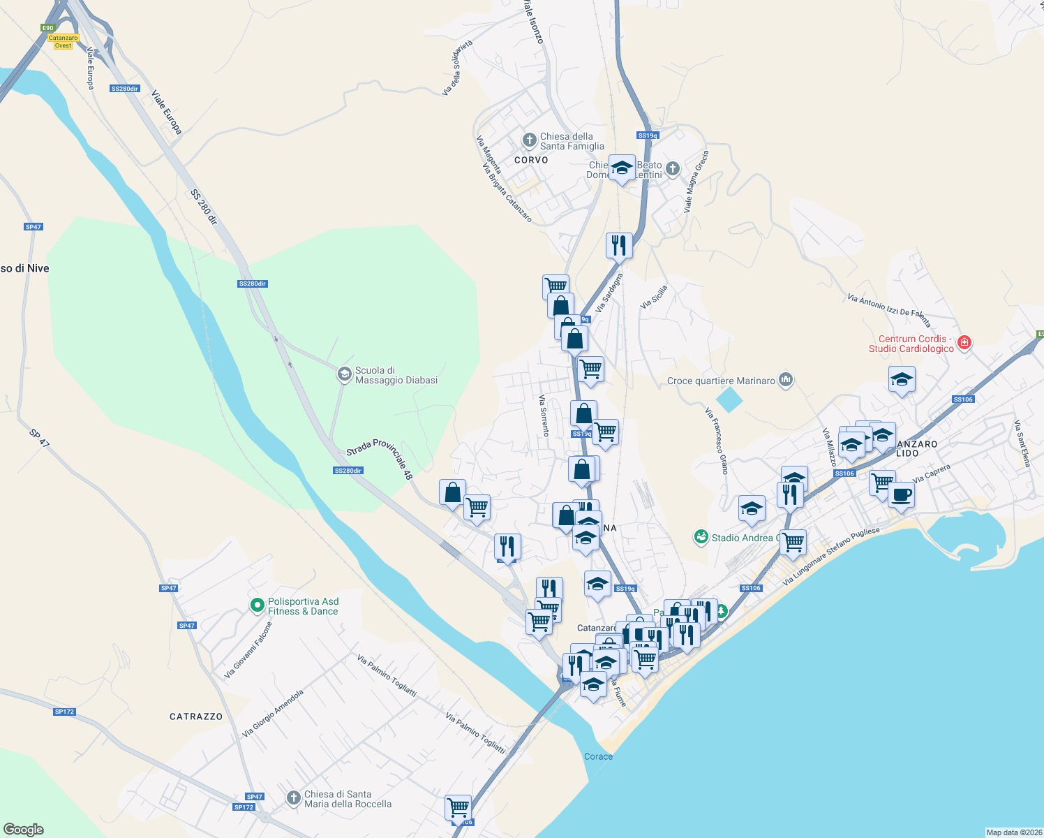 map of restaurants, bars, coffee shops, grocery stores, and more near 41 Via Ravenna in Catanzaro