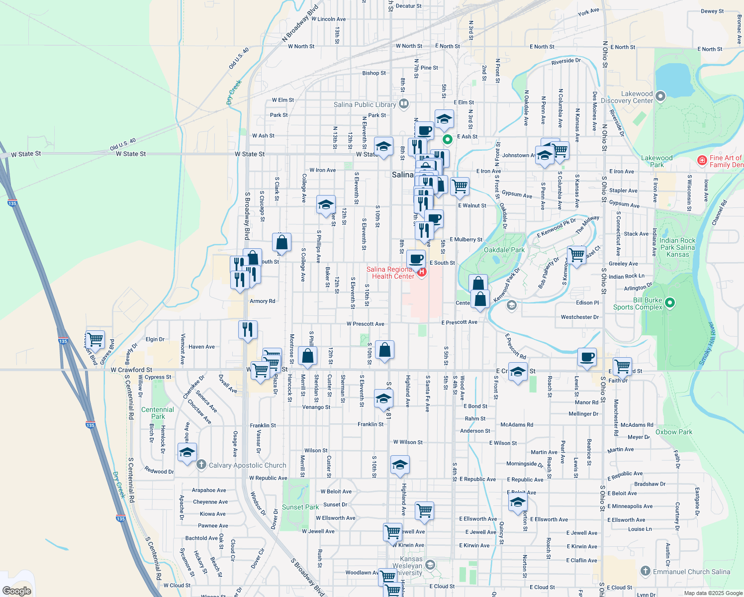 map of restaurants, bars, coffee shops, grocery stores, and more near 503 S 10th St in Salina