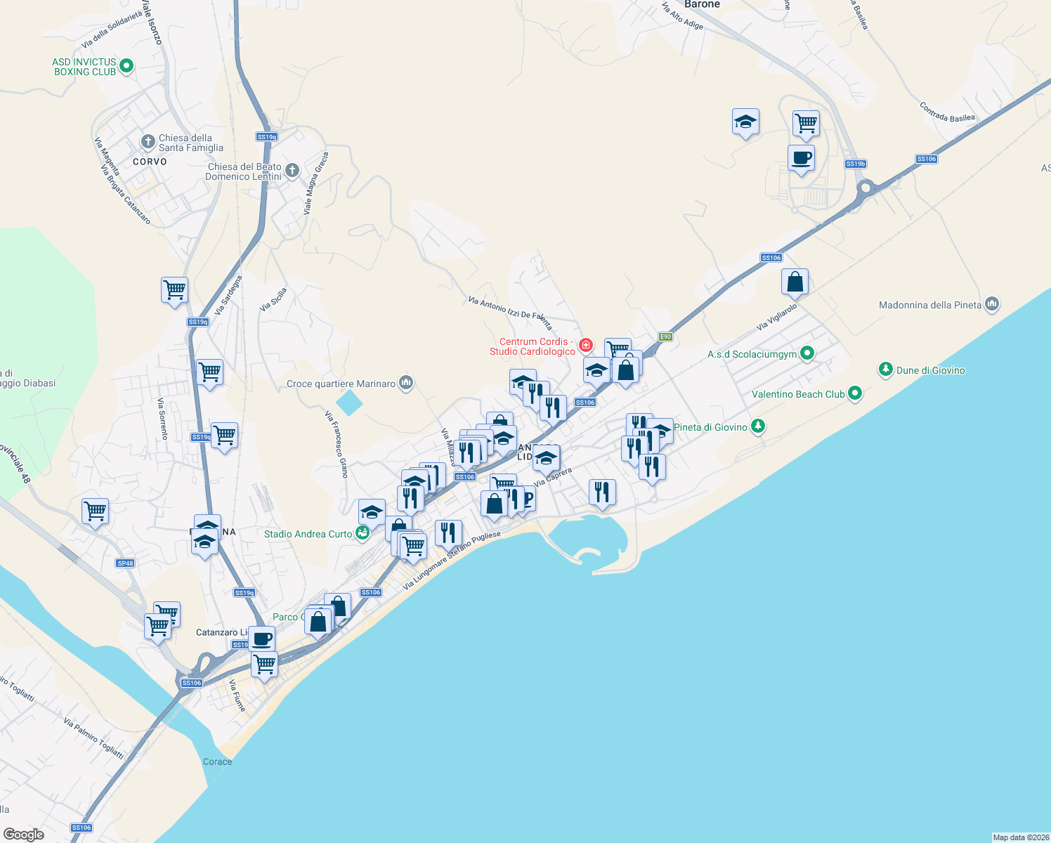 map of restaurants, bars, coffee shops, grocery stores, and more near 145 Viale Crotone in Catanzaro