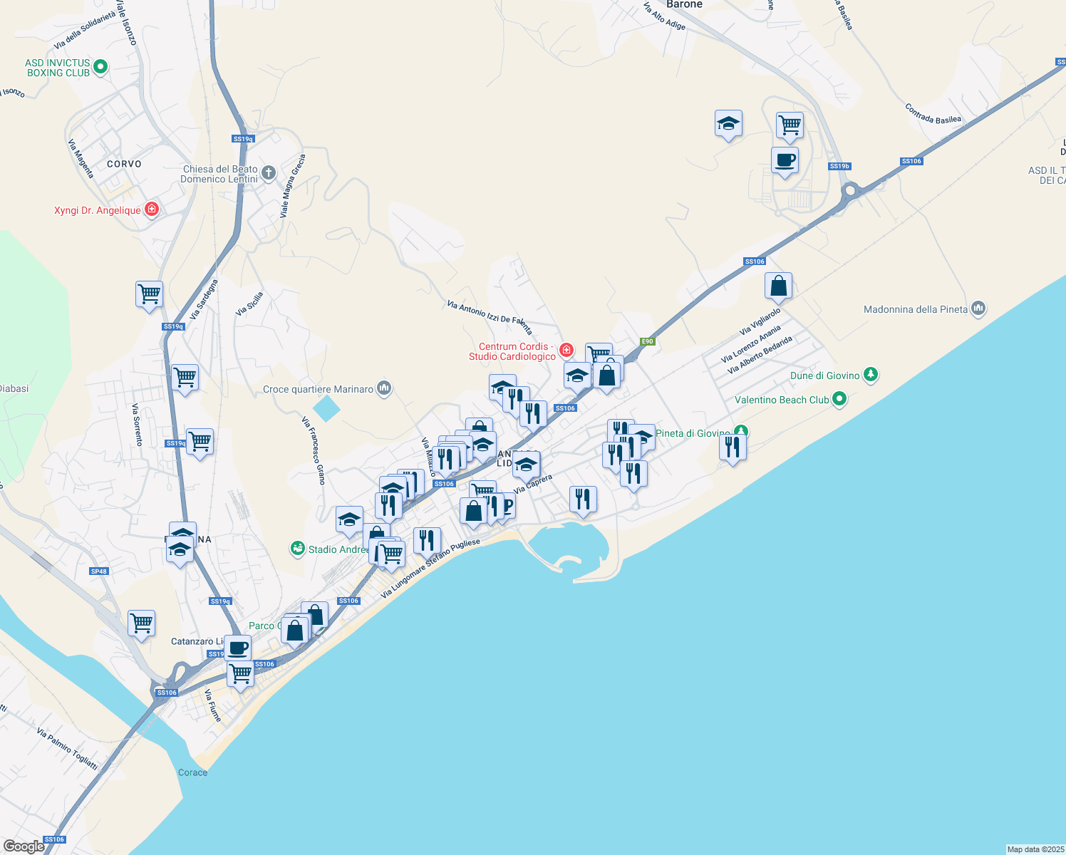 map of restaurants, bars, coffee shops, grocery stores, and more near 155 Viale Crotone in Catanzaro