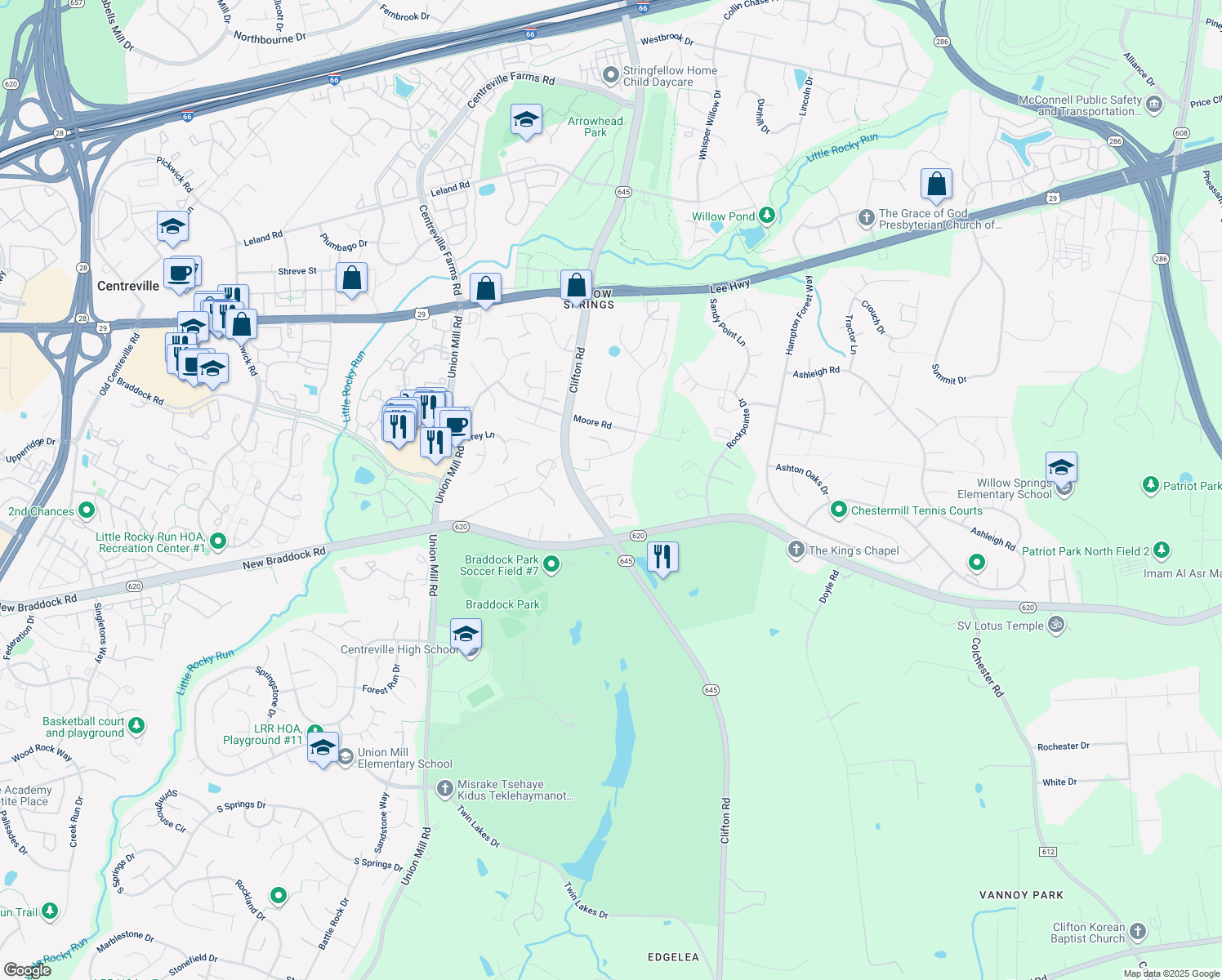 map of restaurants, bars, coffee shops, grocery stores, and more near 13208 Kilby Landing Court in Clifton