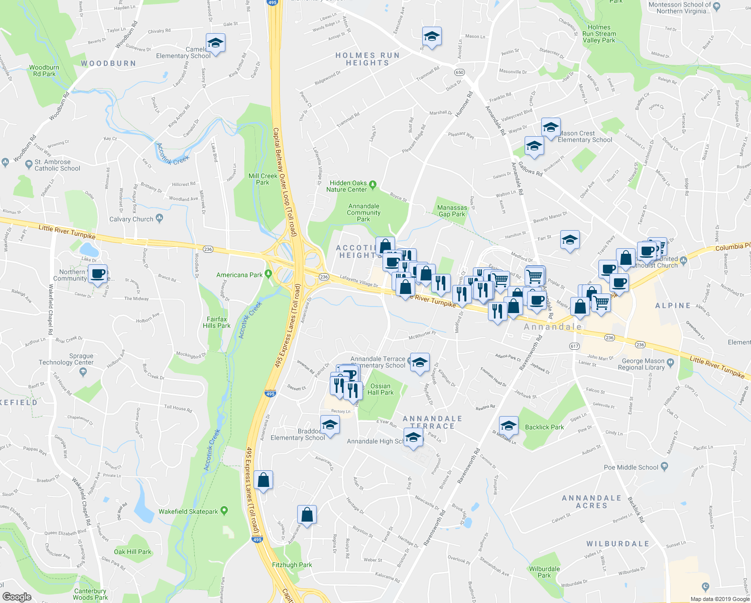 map of restaurants, bars, coffee shops, grocery stores, and more near 4203 Americana Drive in Annandale
