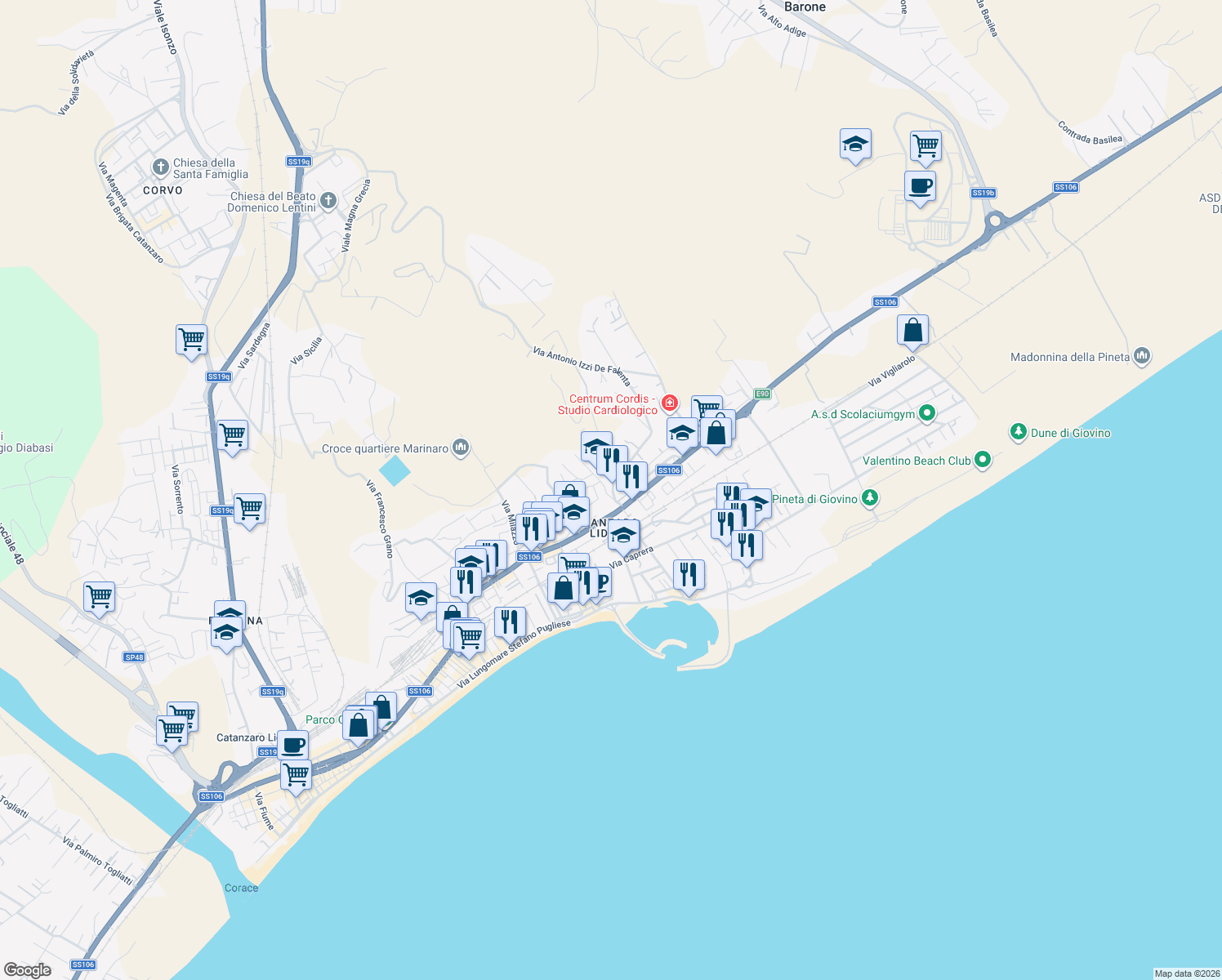 map of restaurants, bars, coffee shops, grocery stores, and more near 145 Viale Crotone in Catanzaro
