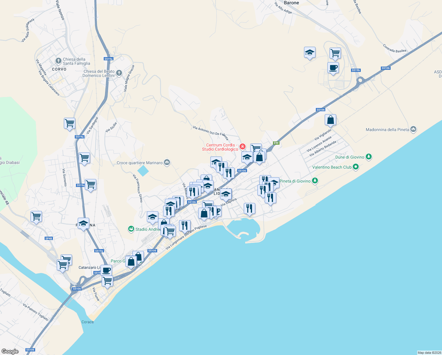 map of restaurants, bars, coffee shops, grocery stores, and more near 145 Viale Crotone in Catanzaro