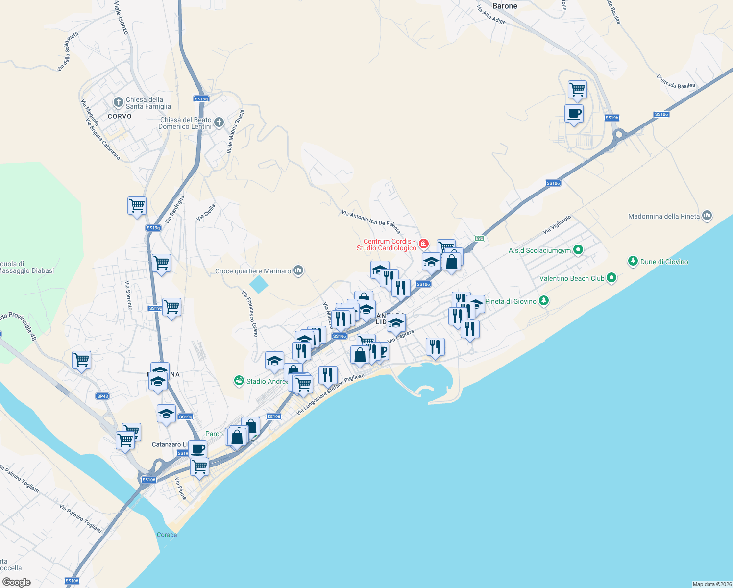 map of restaurants, bars, coffee shops, grocery stores, and more near 7 Via Nino Gemelli in Catanzaro
