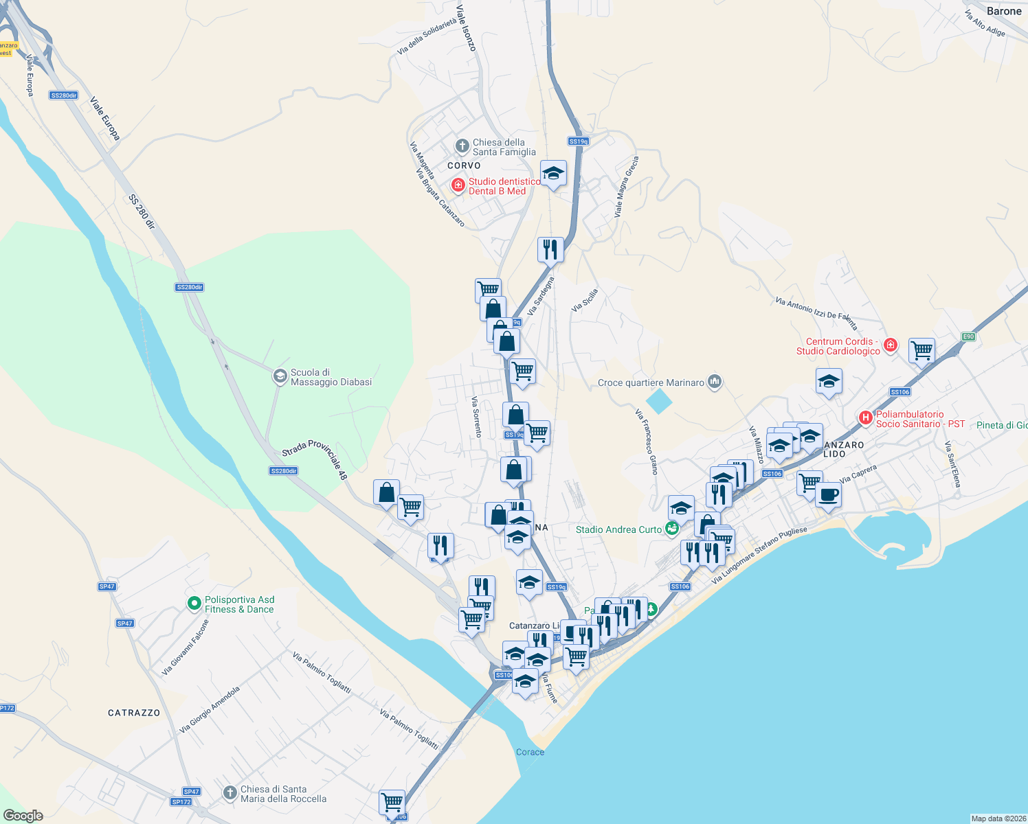 map of restaurants, bars, coffee shops, grocery stores, and more near 175 Viale Magna Grecia in Catanzaro