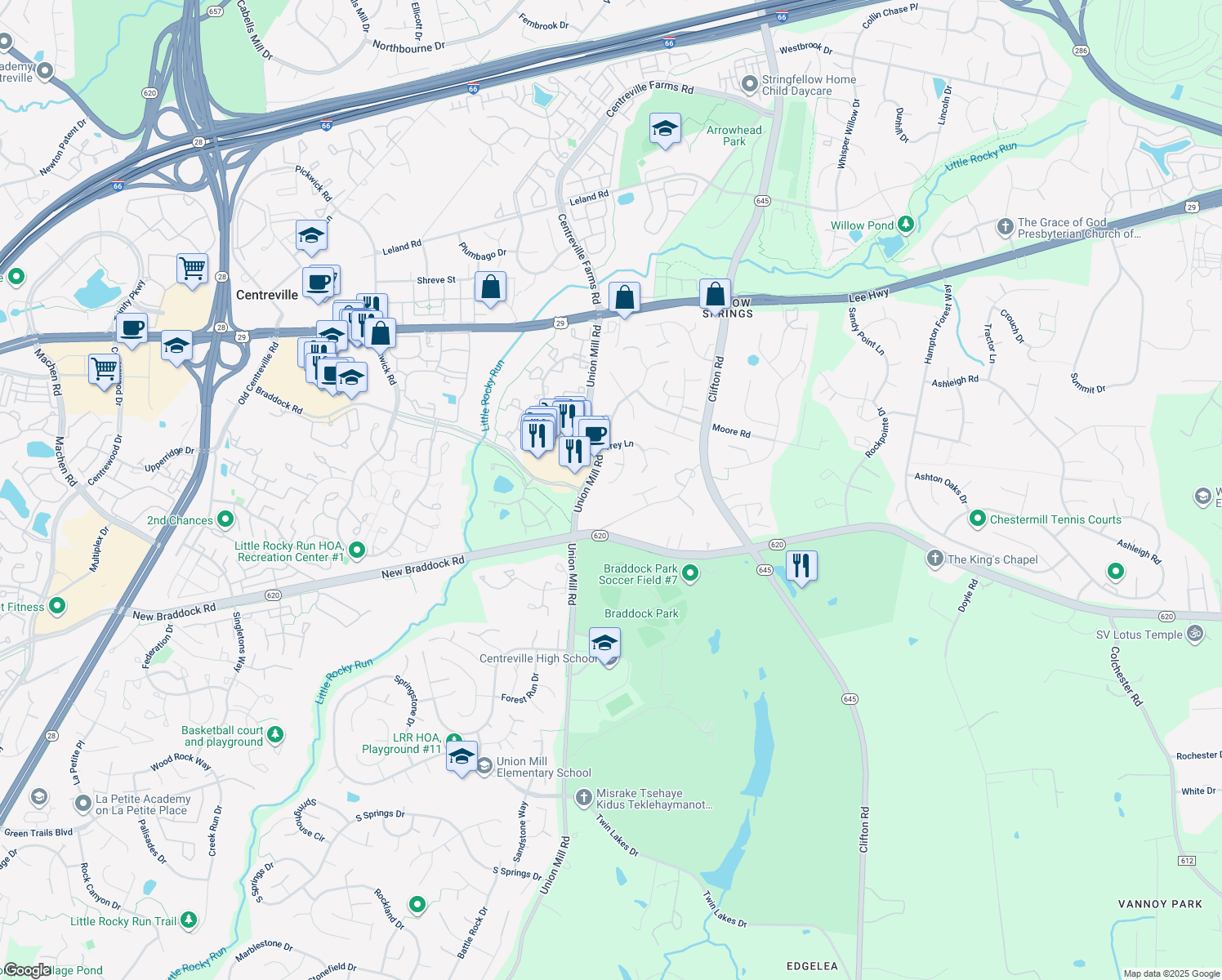 map of restaurants, bars, coffee shops, grocery stores, and more near 5671 Lonesome Dove Court in Clifton