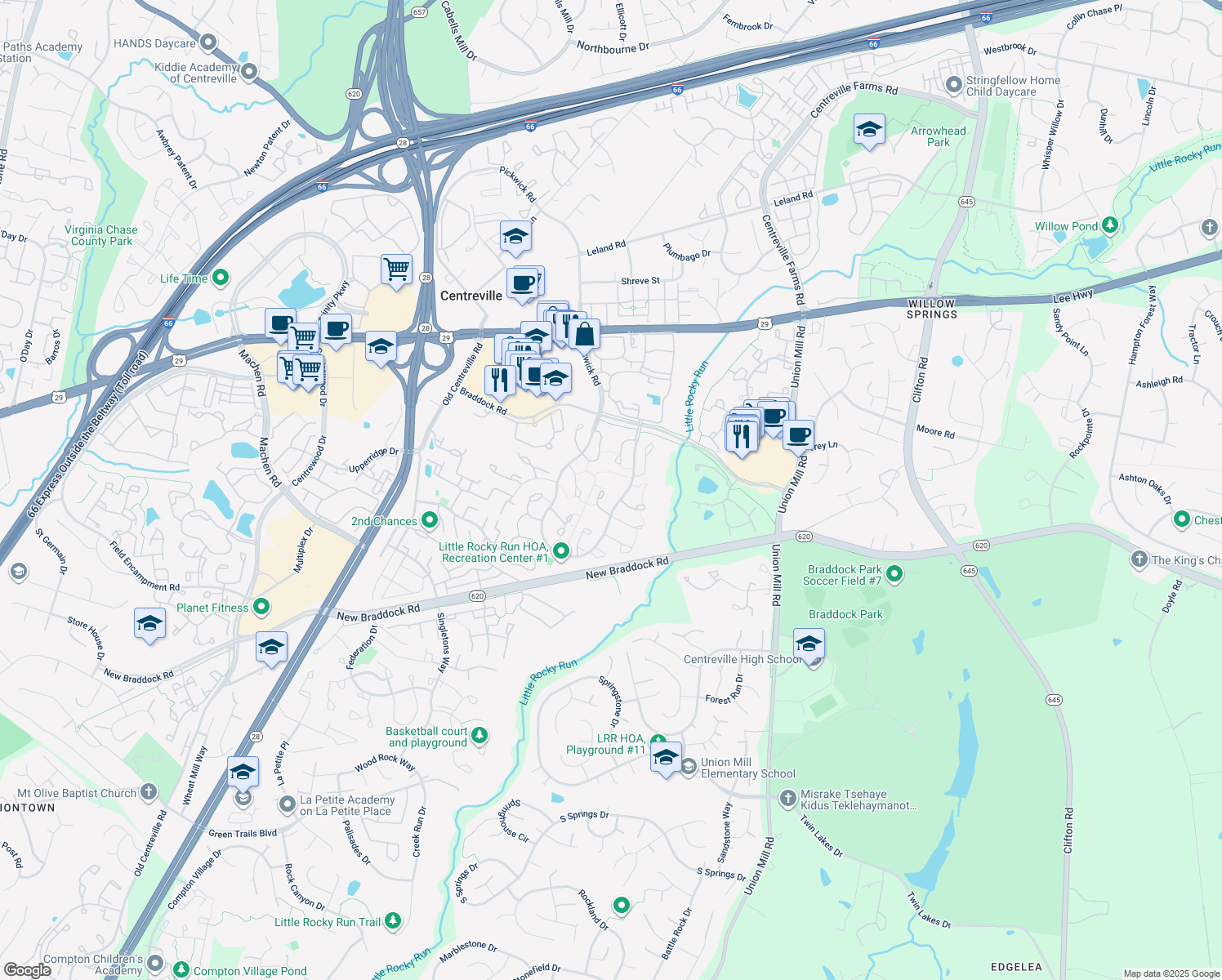 map of restaurants, bars, coffee shops, grocery stores, and more near 5869 Clarendon Springs Place in Centreville