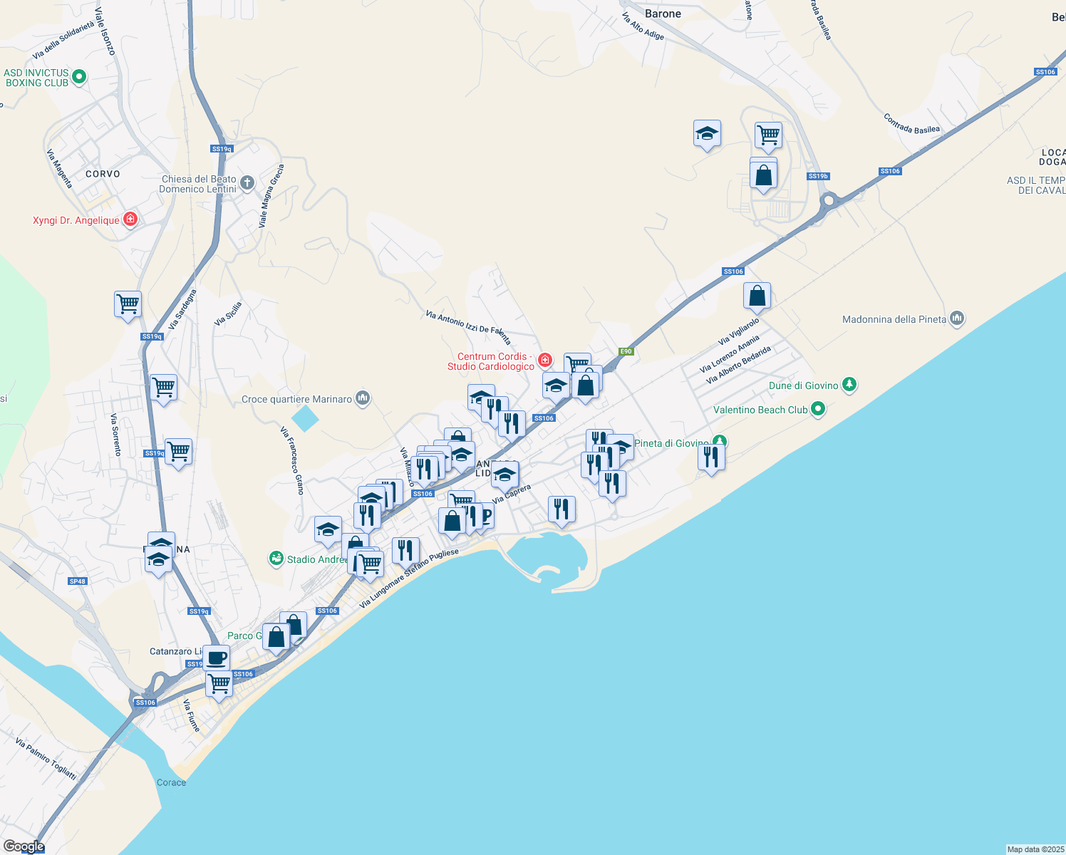 map of restaurants, bars, coffee shops, grocery stores, and more near 155 Viale Crotone in Catanzaro