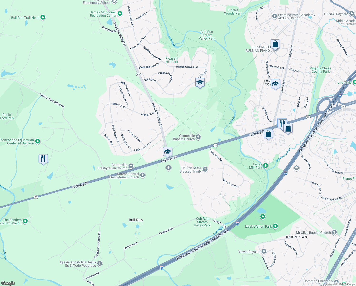 map of restaurants, bars, coffee shops, grocery stores, and more near 6316 Barnesdale Path in Centreville