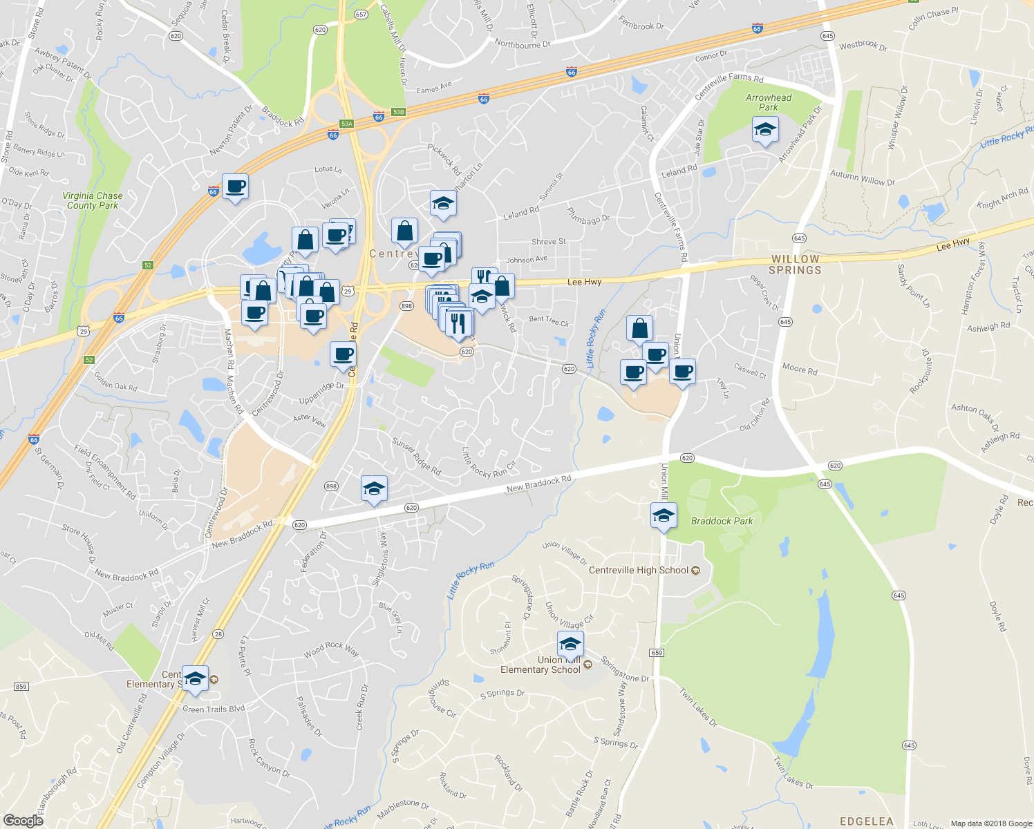map of restaurants, bars, coffee shops, grocery stores, and more near 5855 Clarendon Springs Place in Centreville