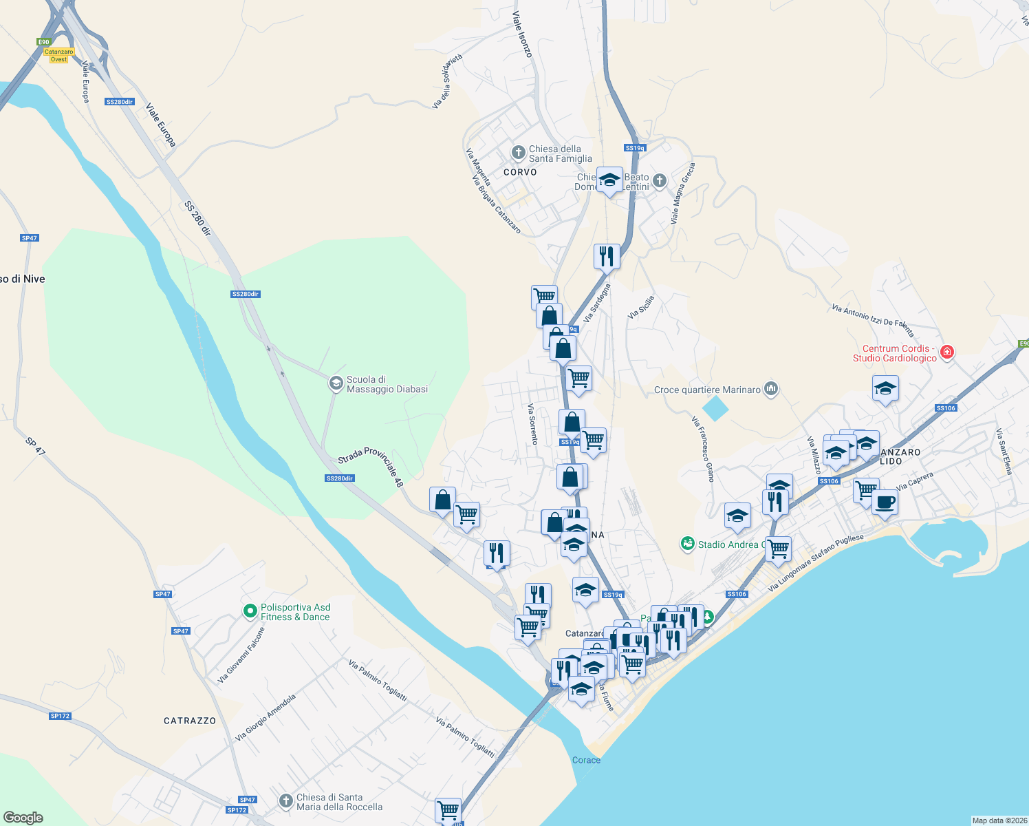 map of restaurants, bars, coffee shops, grocery stores, and more near 41 Via Ravenna in Catanzaro