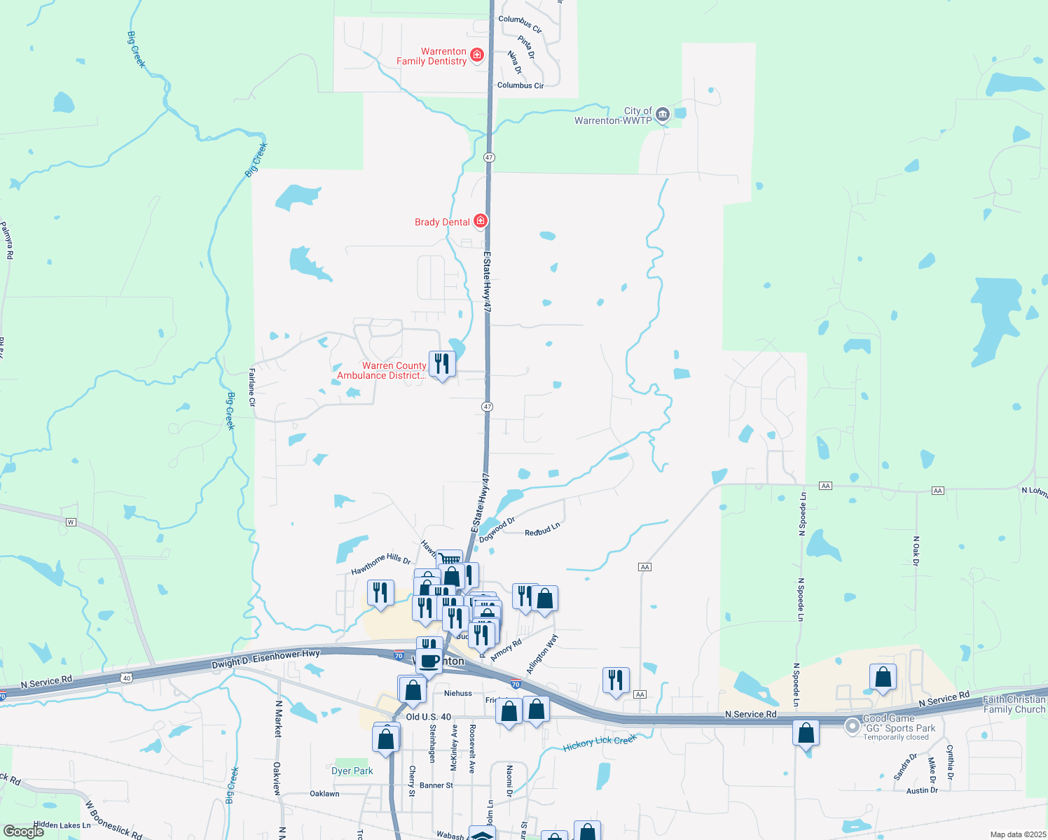 map of restaurants, bars, coffee shops, grocery stores, and more near 40 Rainbow in Warrenton