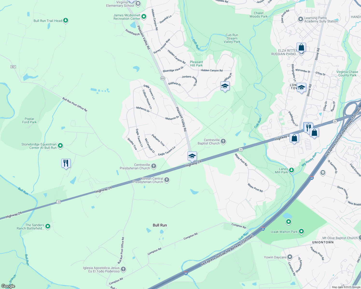 map of restaurants, bars, coffee shops, grocery stores, and more near 15409 Eagle Tavern Lane in Centreville