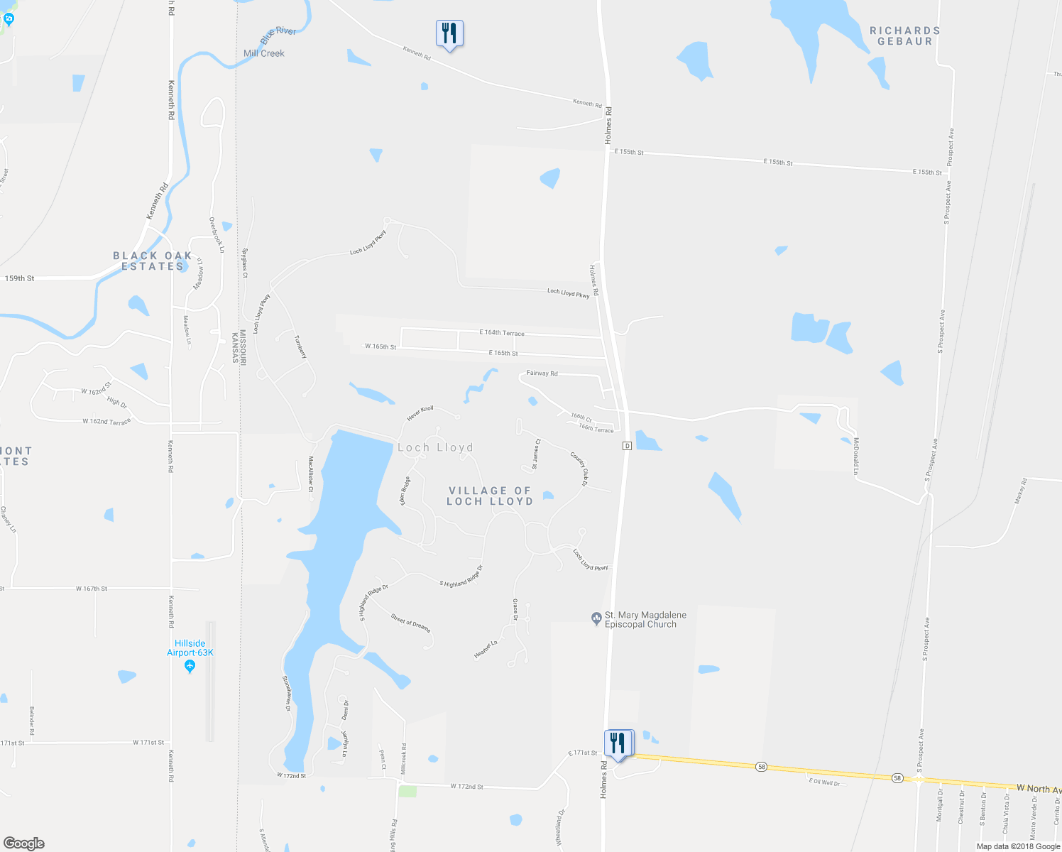 map of restaurants, bars, coffee shops, grocery stores, and more near 16665 Country Club Drive in Loch Lloyd