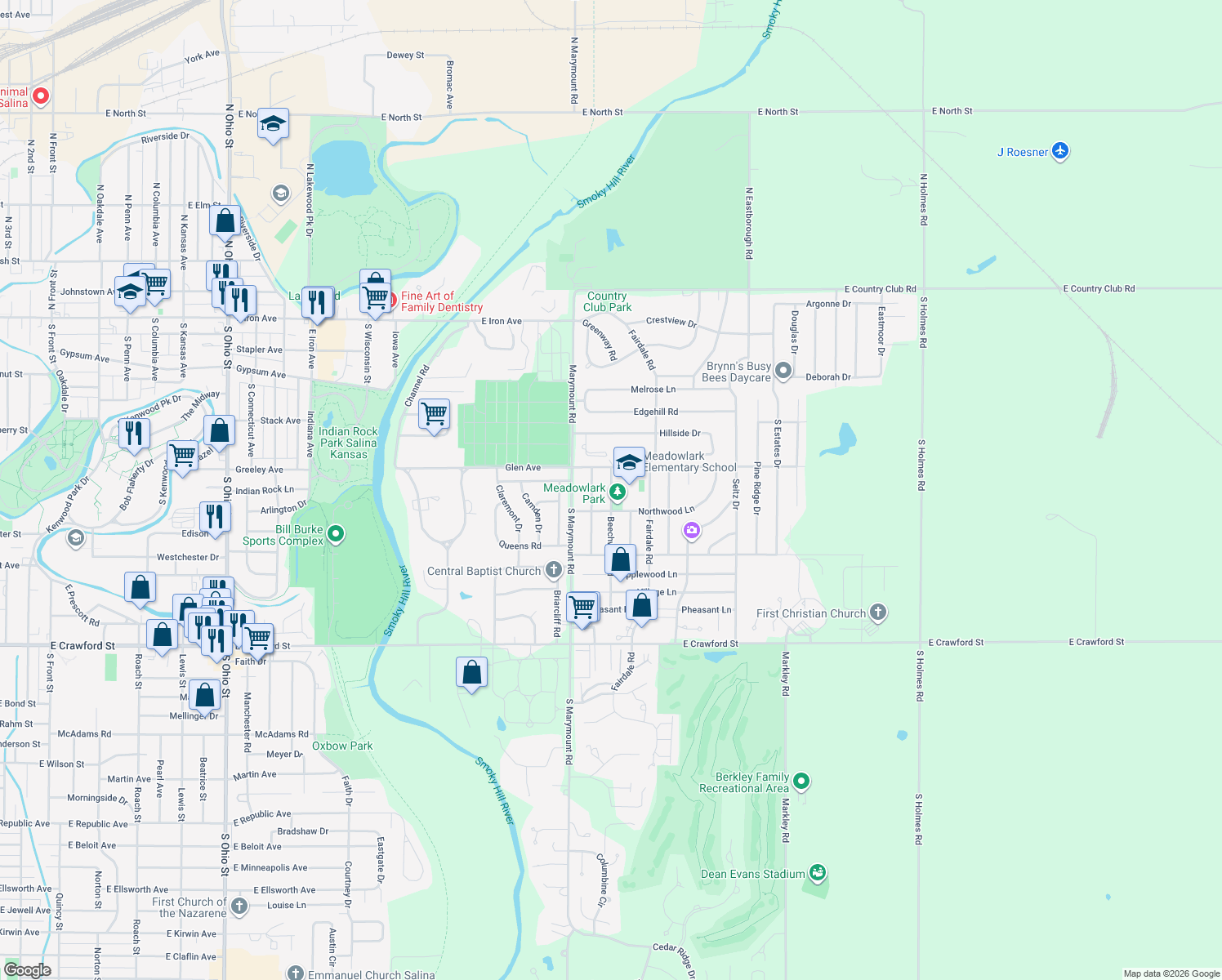 map of restaurants, bars, coffee shops, grocery stores, and more near 485 Beechwood Rd in Salina