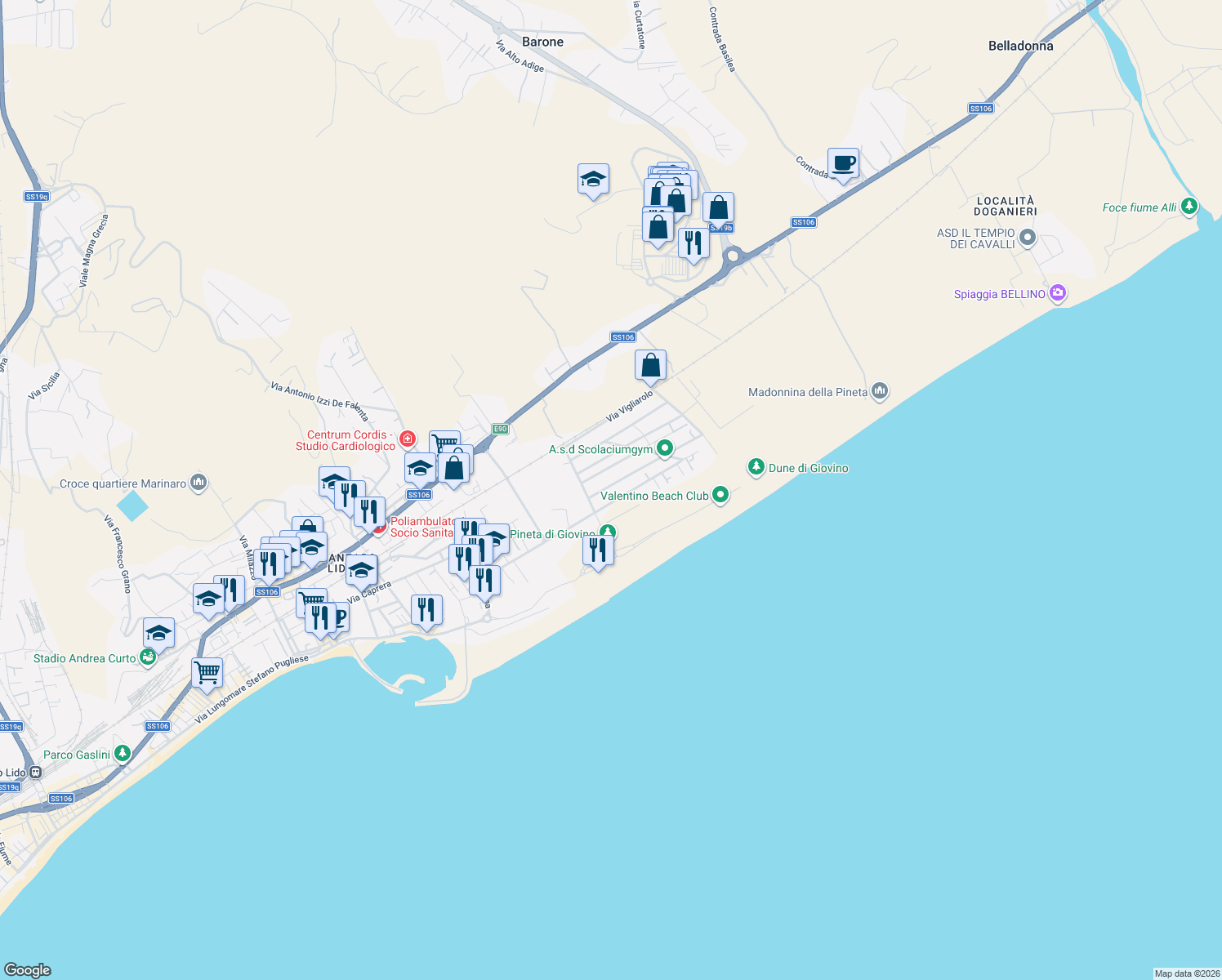map of restaurants, bars, coffee shops, grocery stores, and more near 1B Via U. Fondacaro in Catanzaro