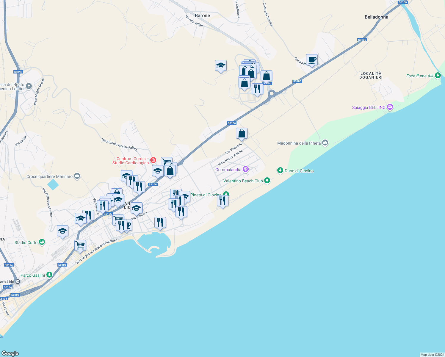 map of restaurants, bars, coffee shops, grocery stores, and more near 1B Via U. Fondacaro in Catanzaro